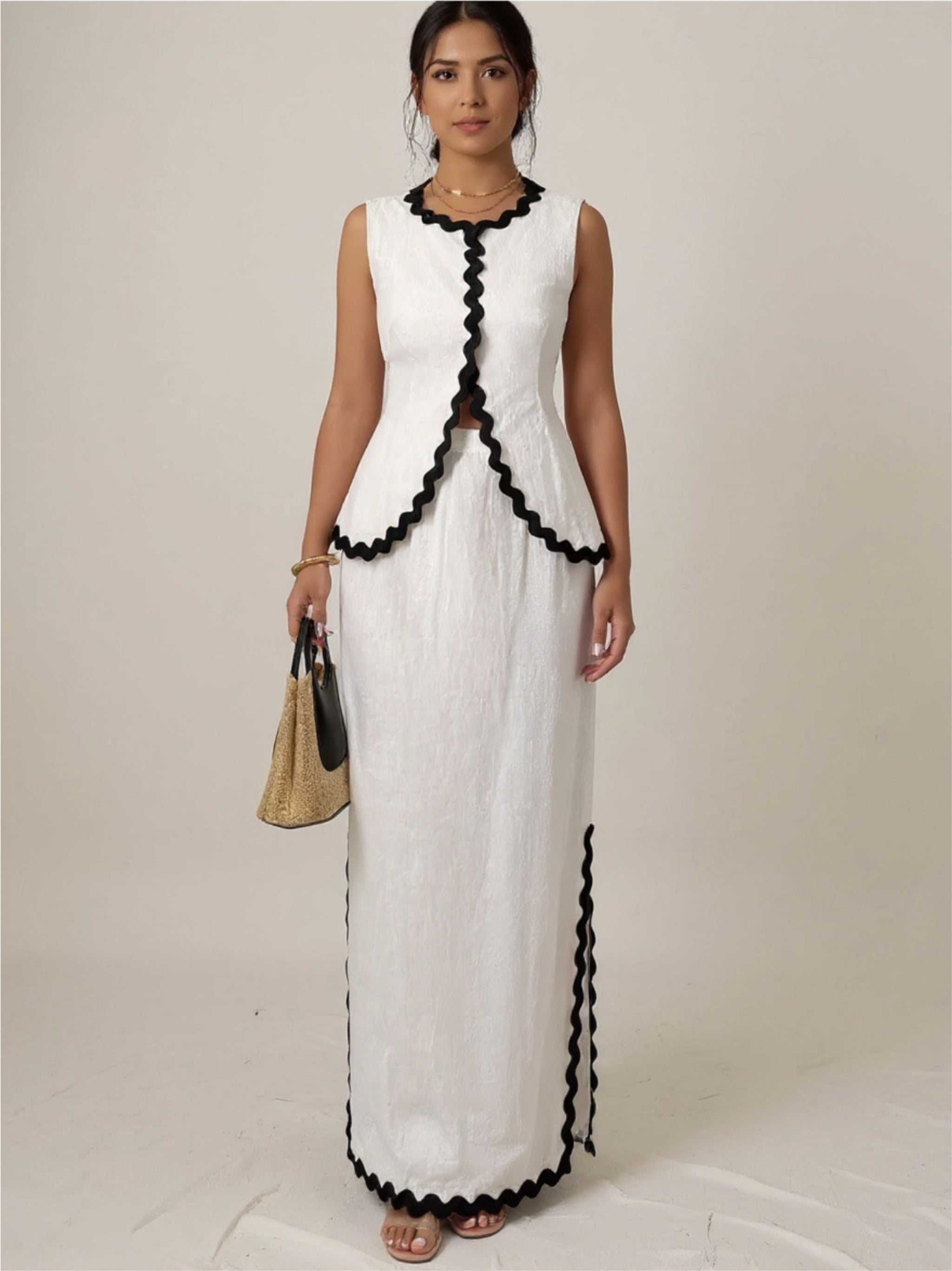 White Contrast Scalloped Trim Top & Skirt Set