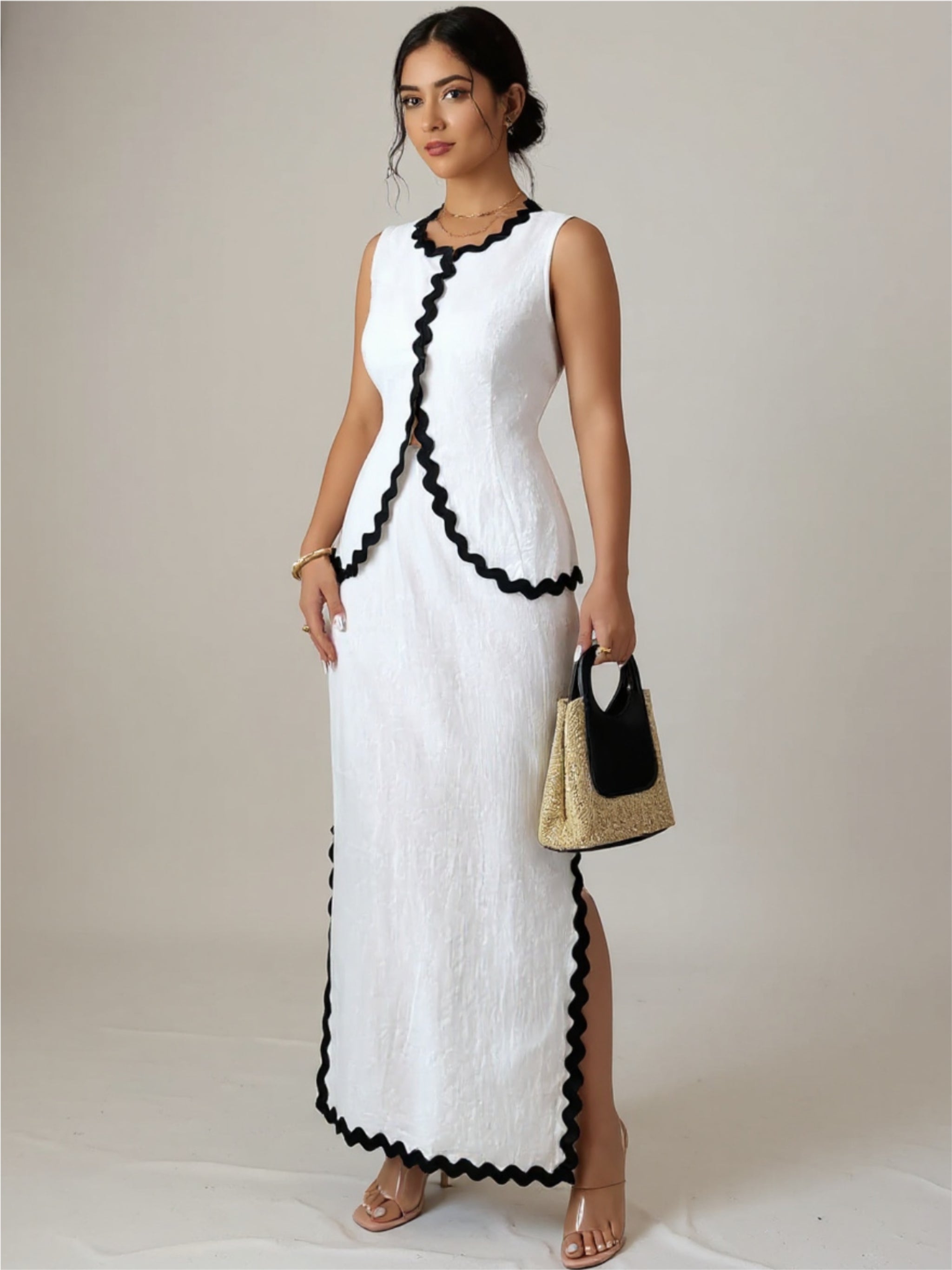 White Contrast Scalloped Trim Top & Skirt Set