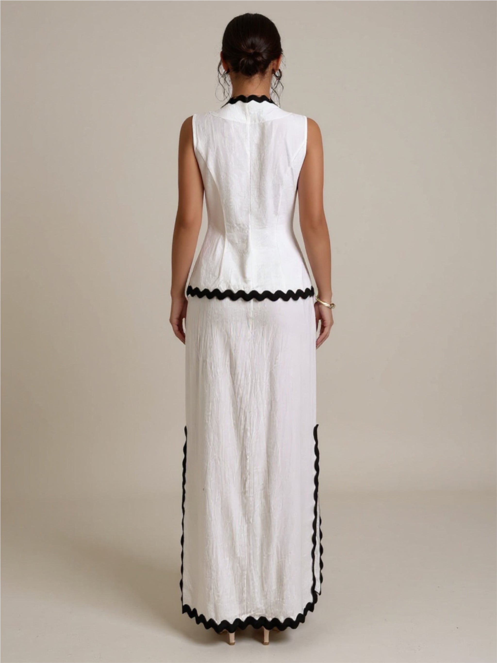 White Contrast Scalloped Trim Top & Skirt Set