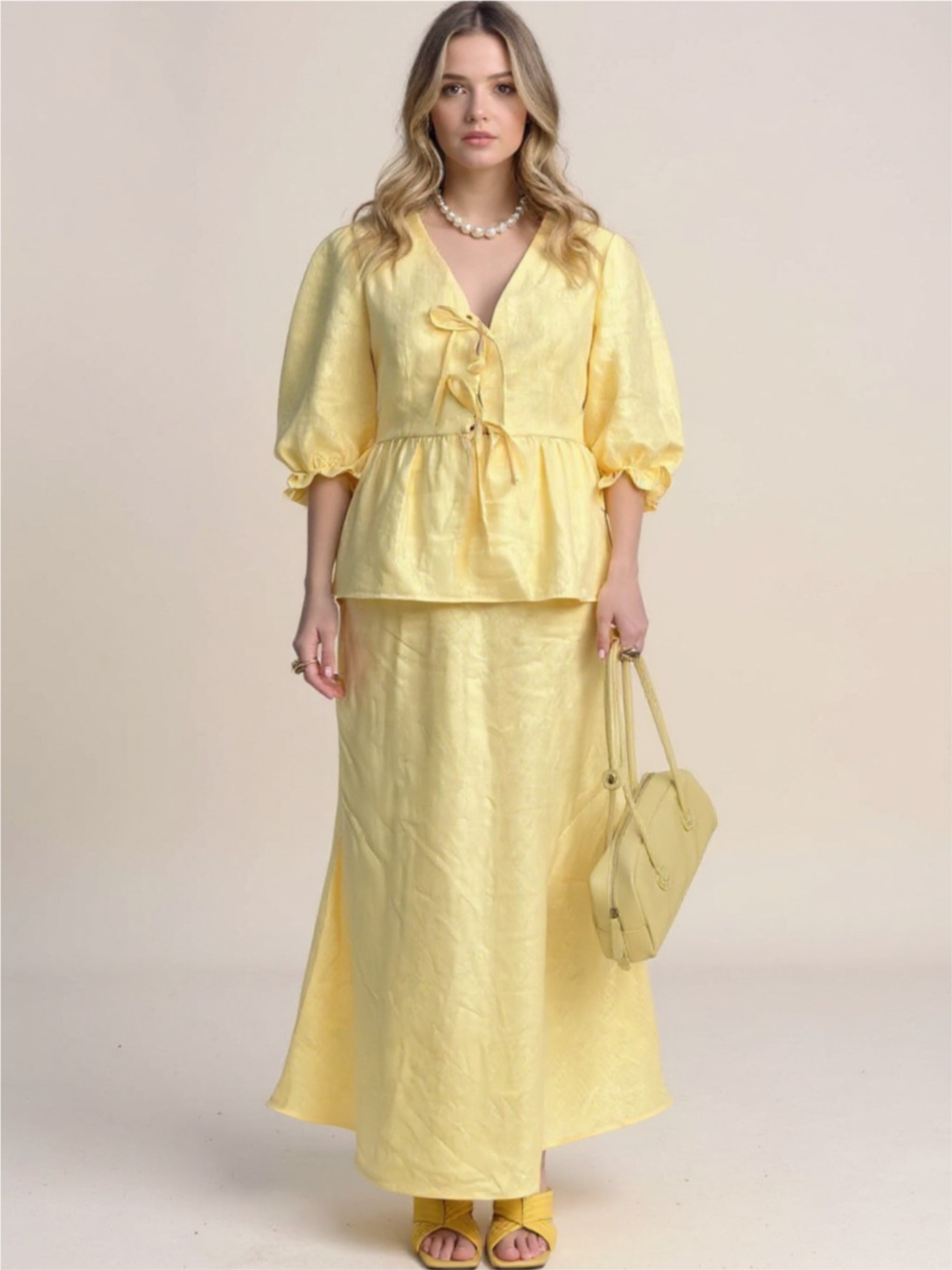 Yellow Tie Front Peplum Top & Skirt Set