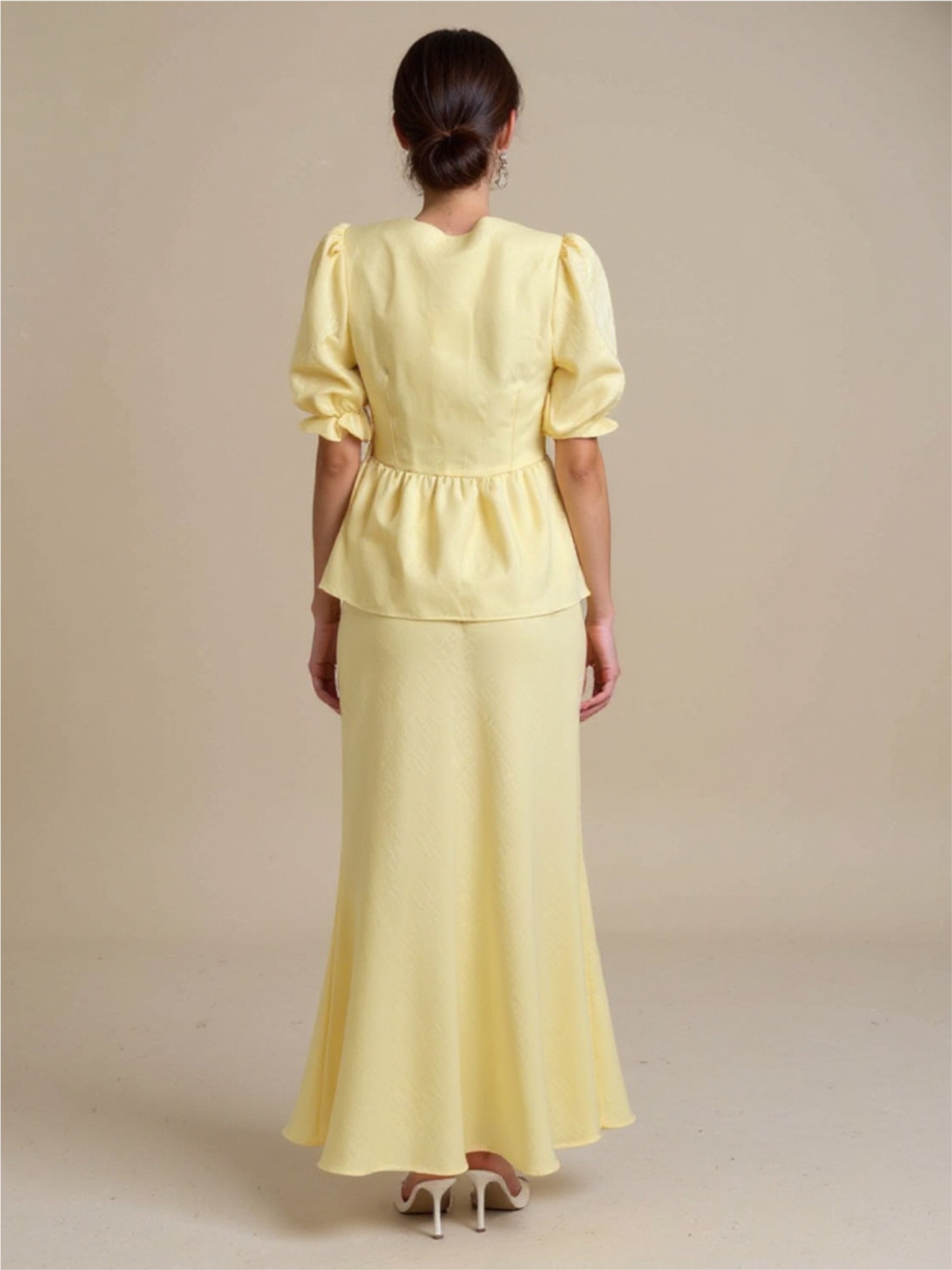 Yellow Tie Front Peplum Top & Skirt Set