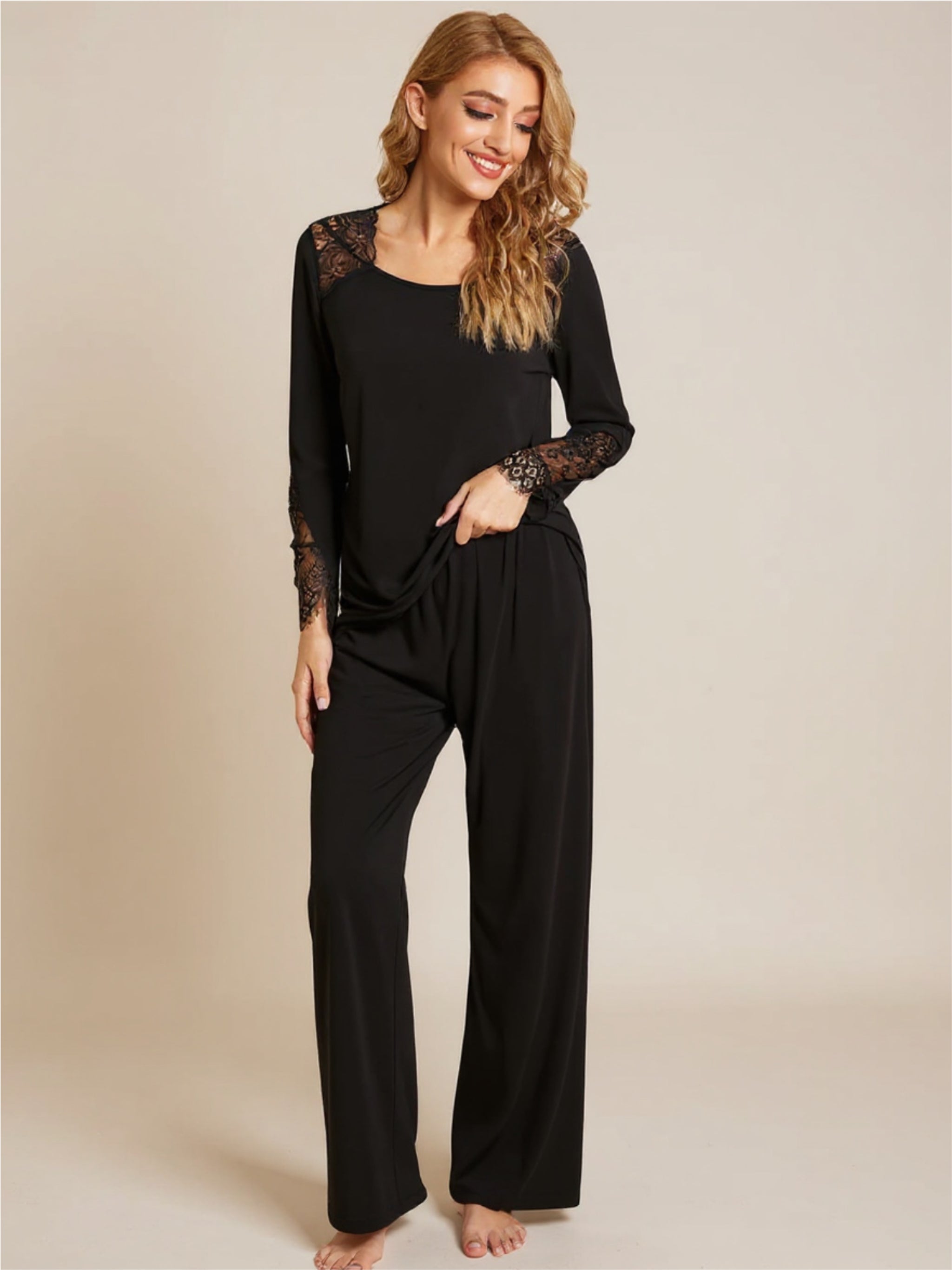 Lace Detailed Long Sleeve Top & Pants Pajama Set