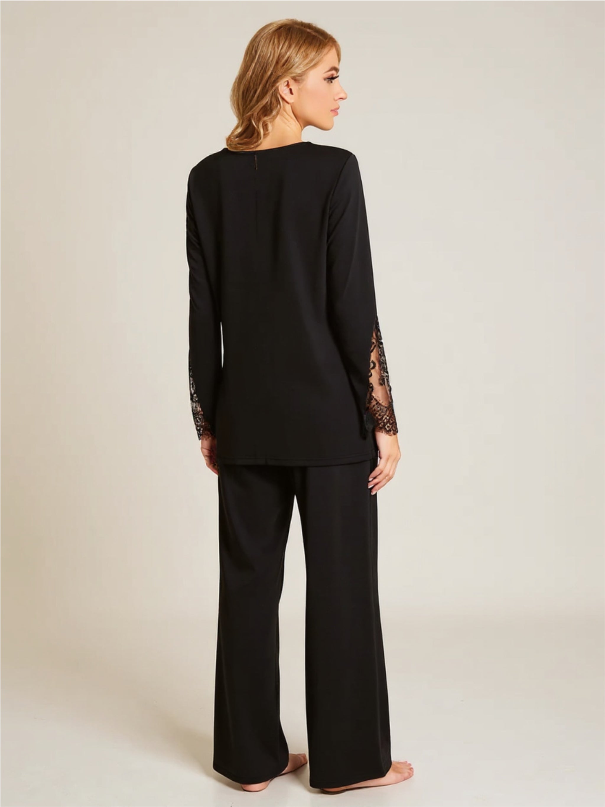 Lace Detailed Long Sleeve Top & Pants Pajama Set