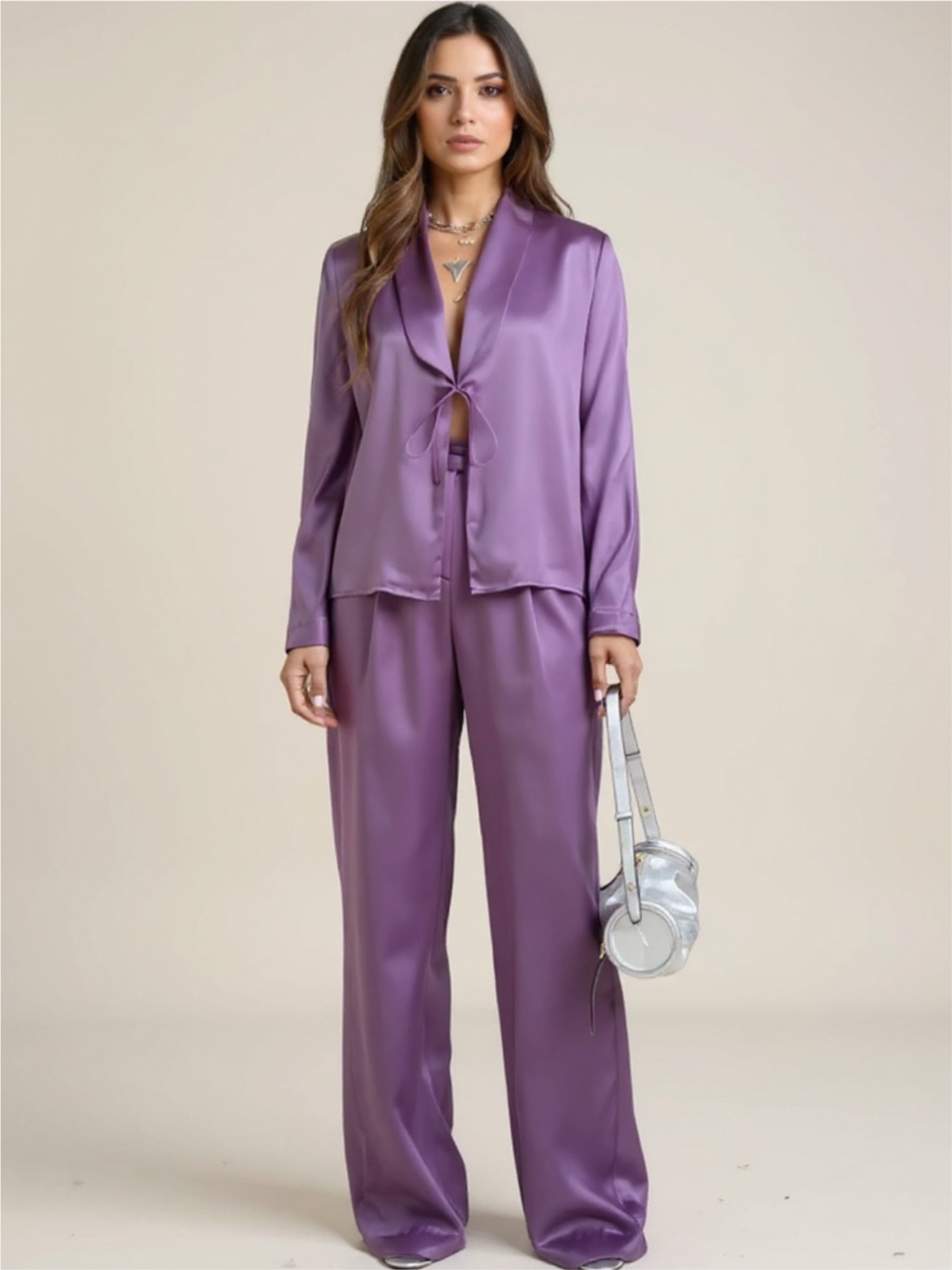 Purple Open Front Tied Top & Pants Set