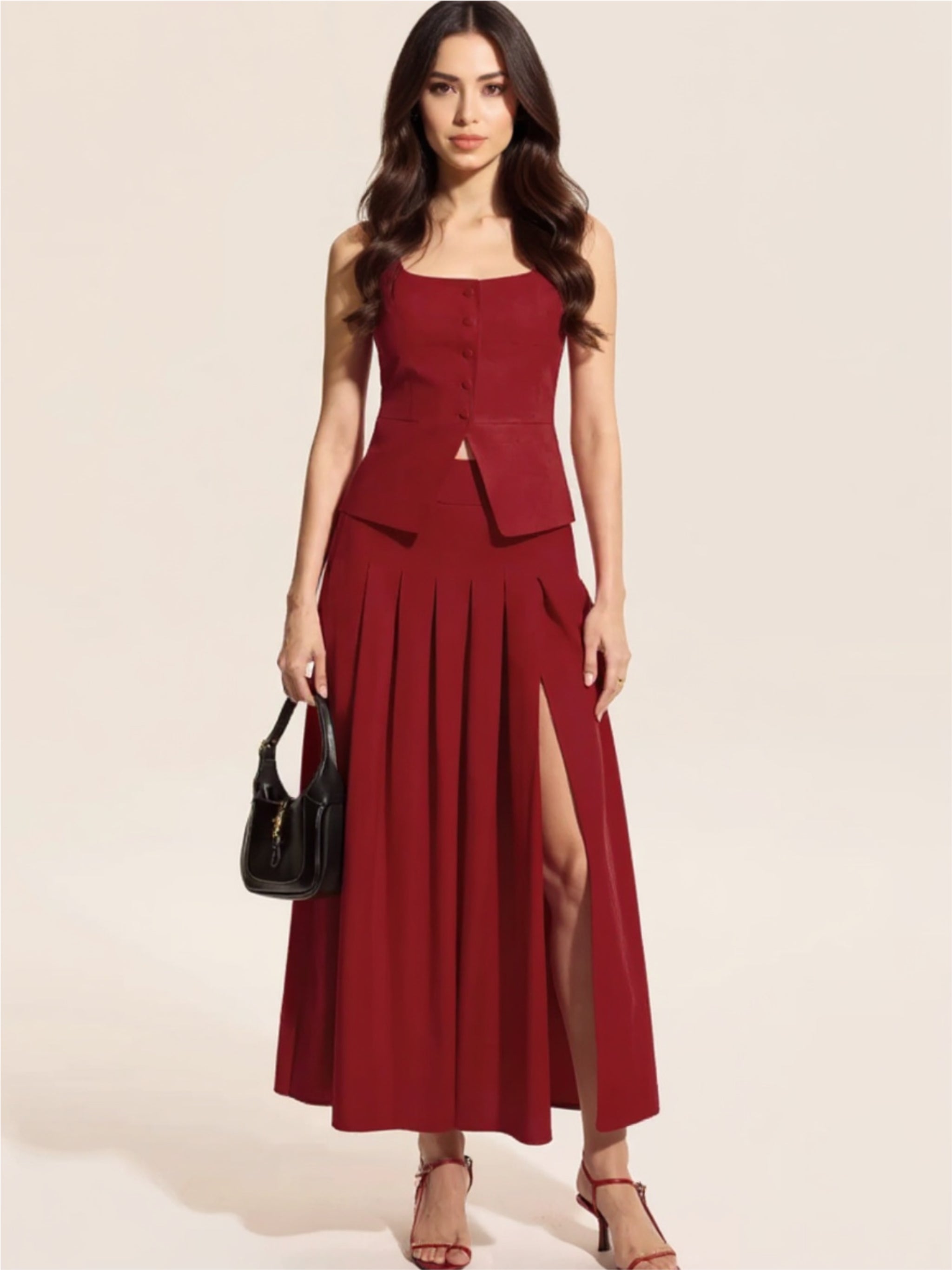 Burgundy Square Neck Tank & Pleated Slit Skirt Set