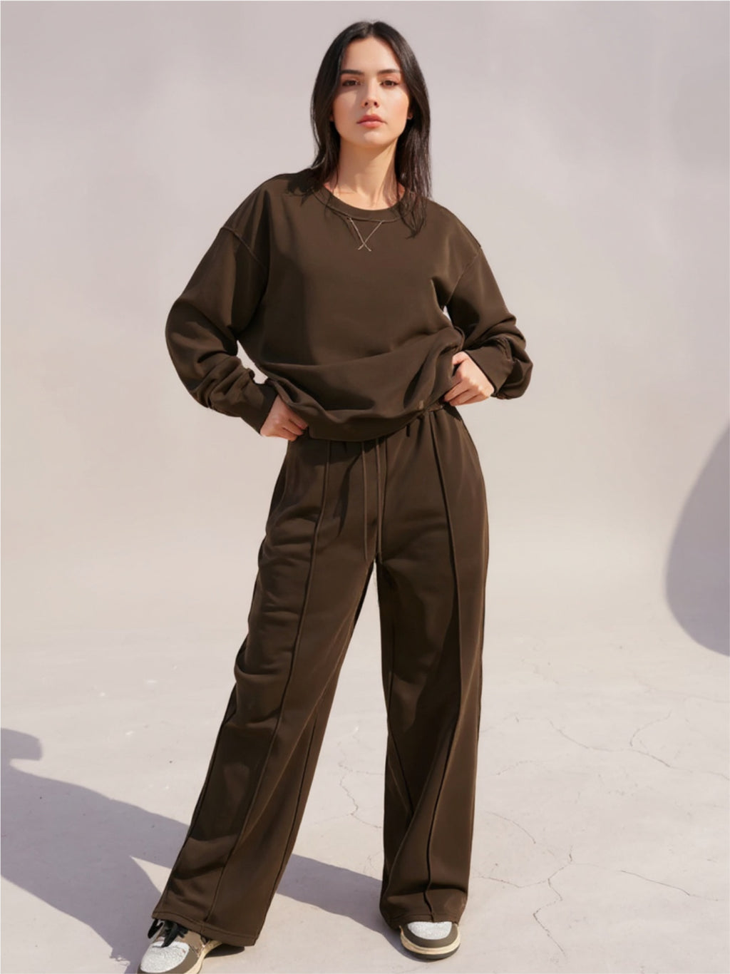 Round Neck Long Sleeve Top & Elastic Waist Pants Set