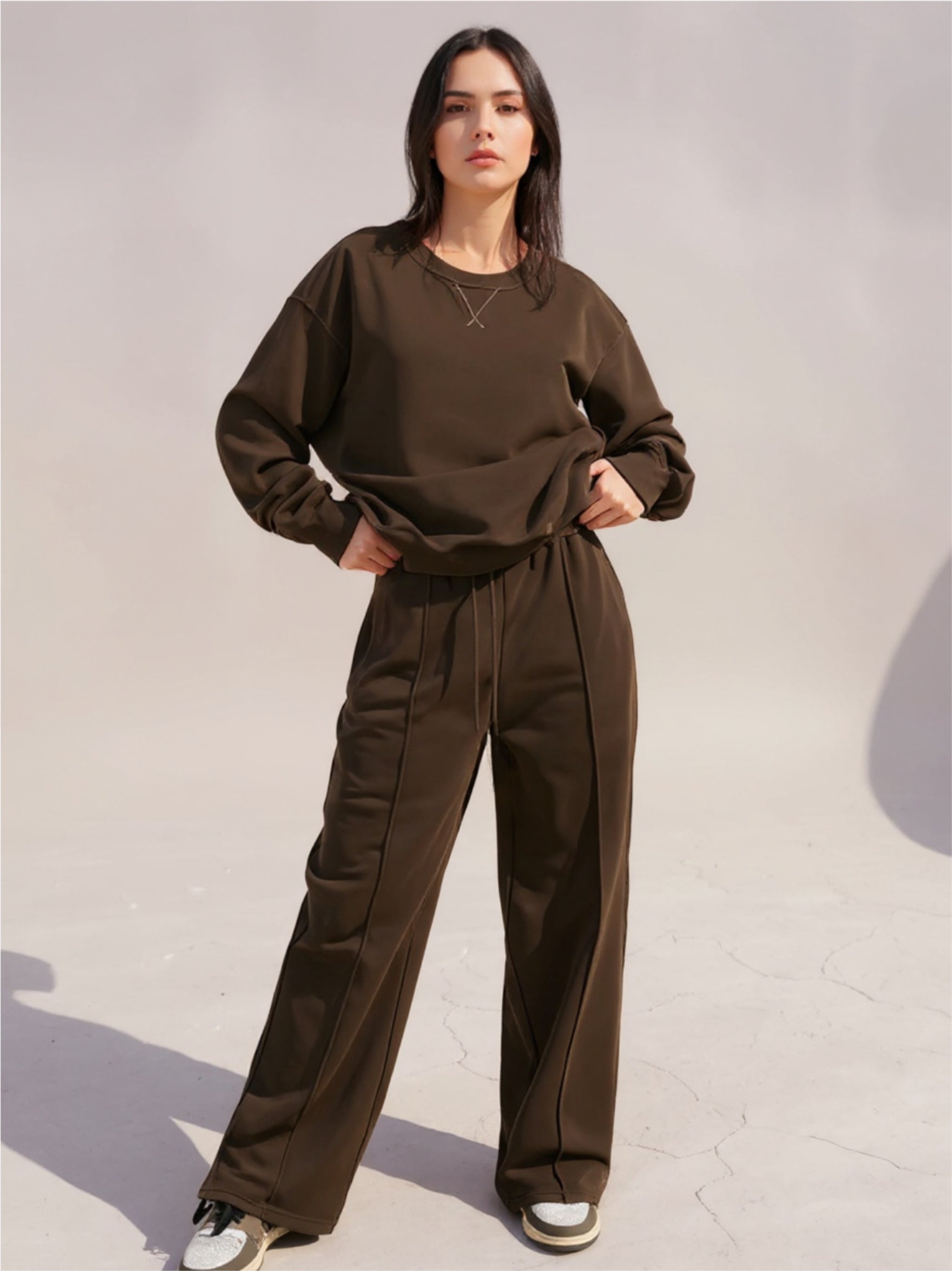 Round Neck Long Sleeve Top & Elastic Waist Pants Set