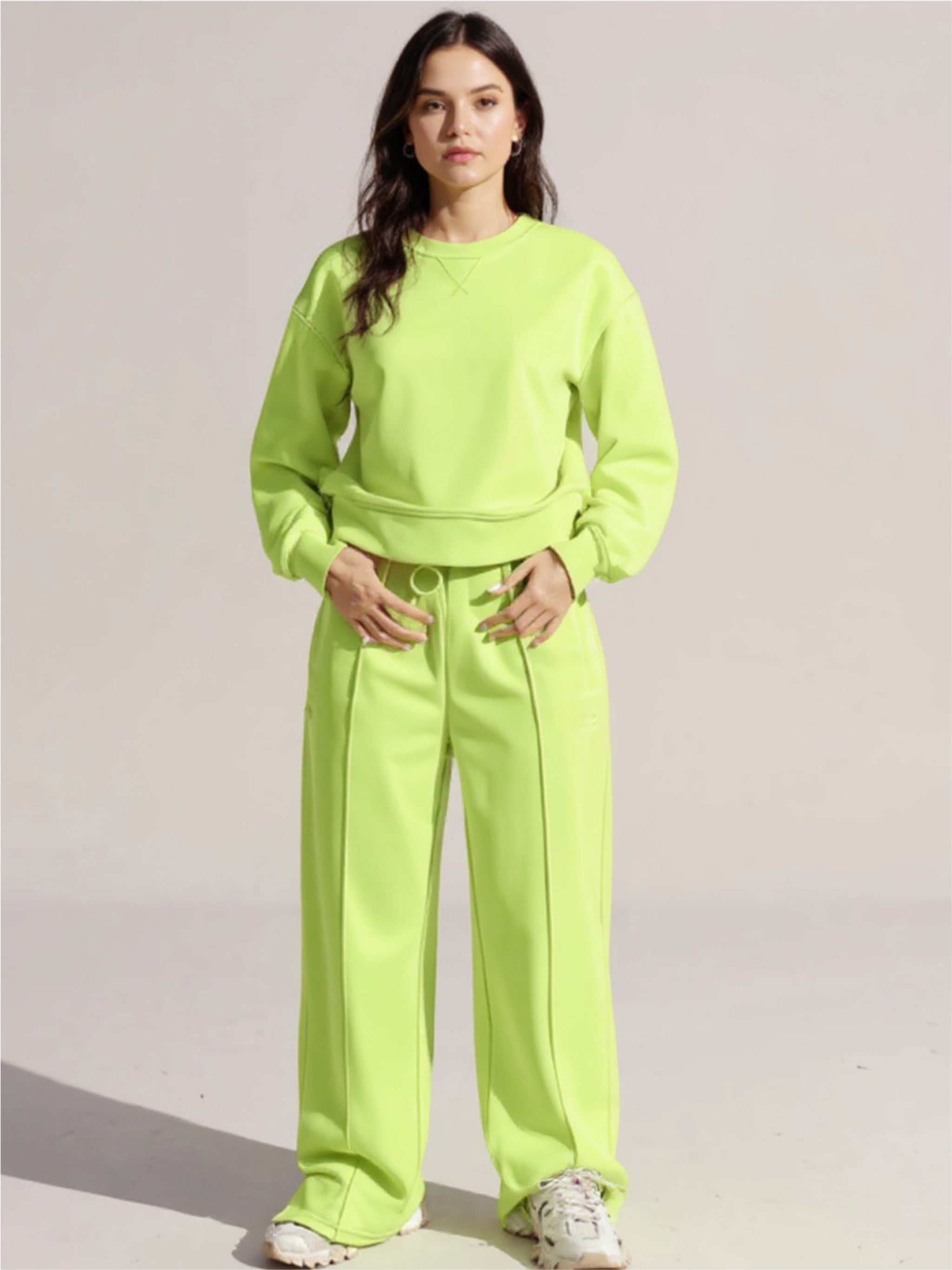 Round Neck Long Sleeve Top & Elastic Waist Pants Set