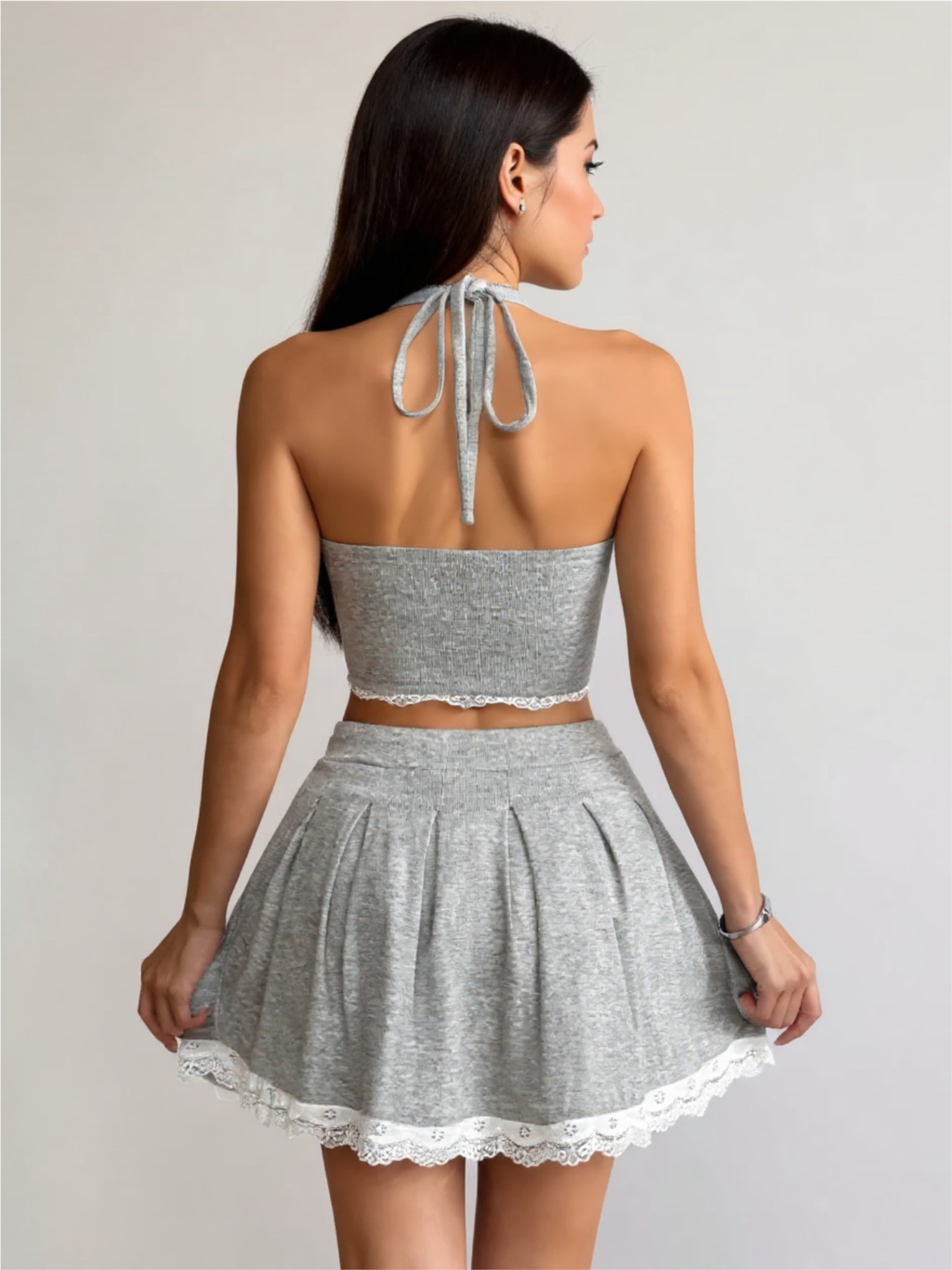 Gray Lace Up Halter Neck Top & Skirt Set