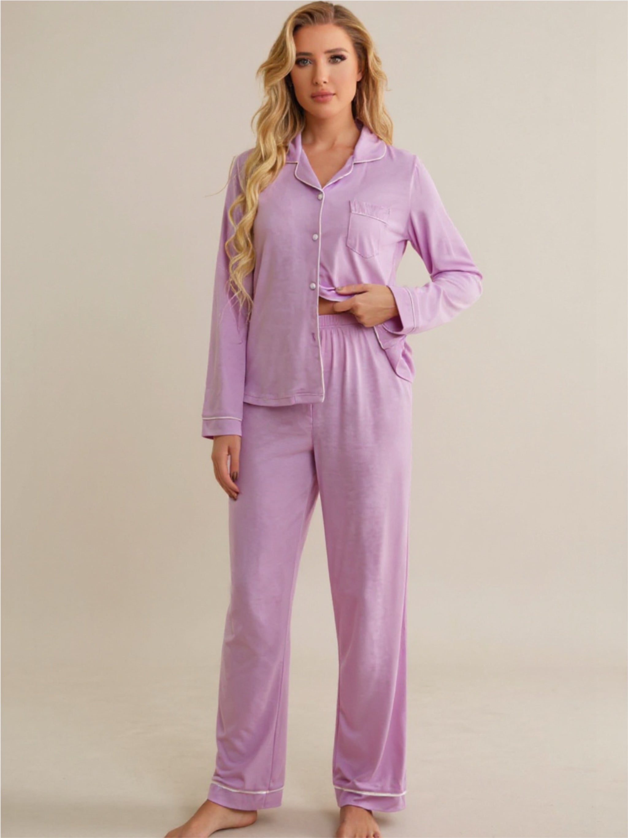 Contrast Piping Button Down Top & Pants Pajama Set