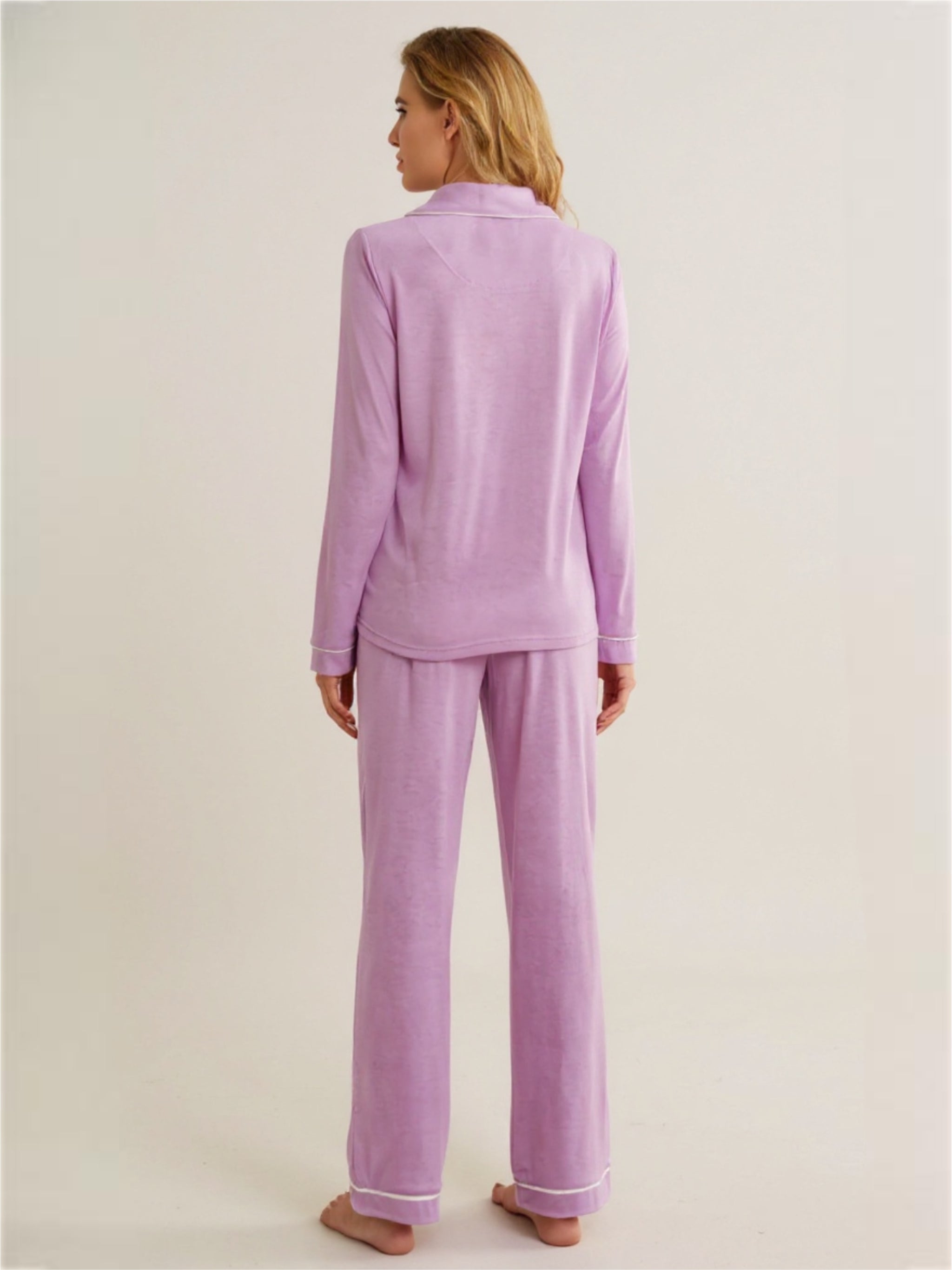 Contrast Piping Button Down Top & Pants Pajama Set
