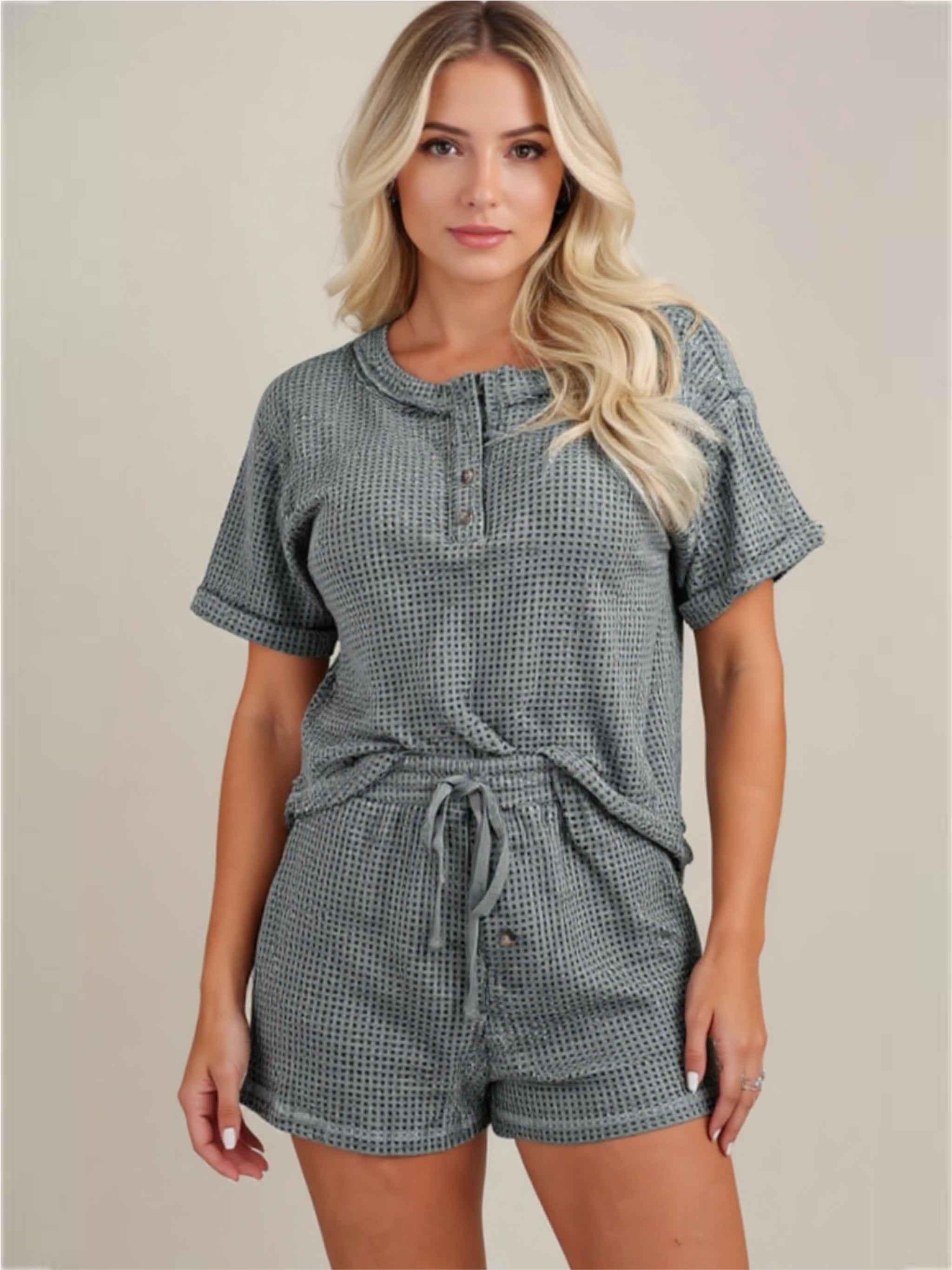 Gray Waffle-Knit Short Sleeve Top & Shorts Lounge Set