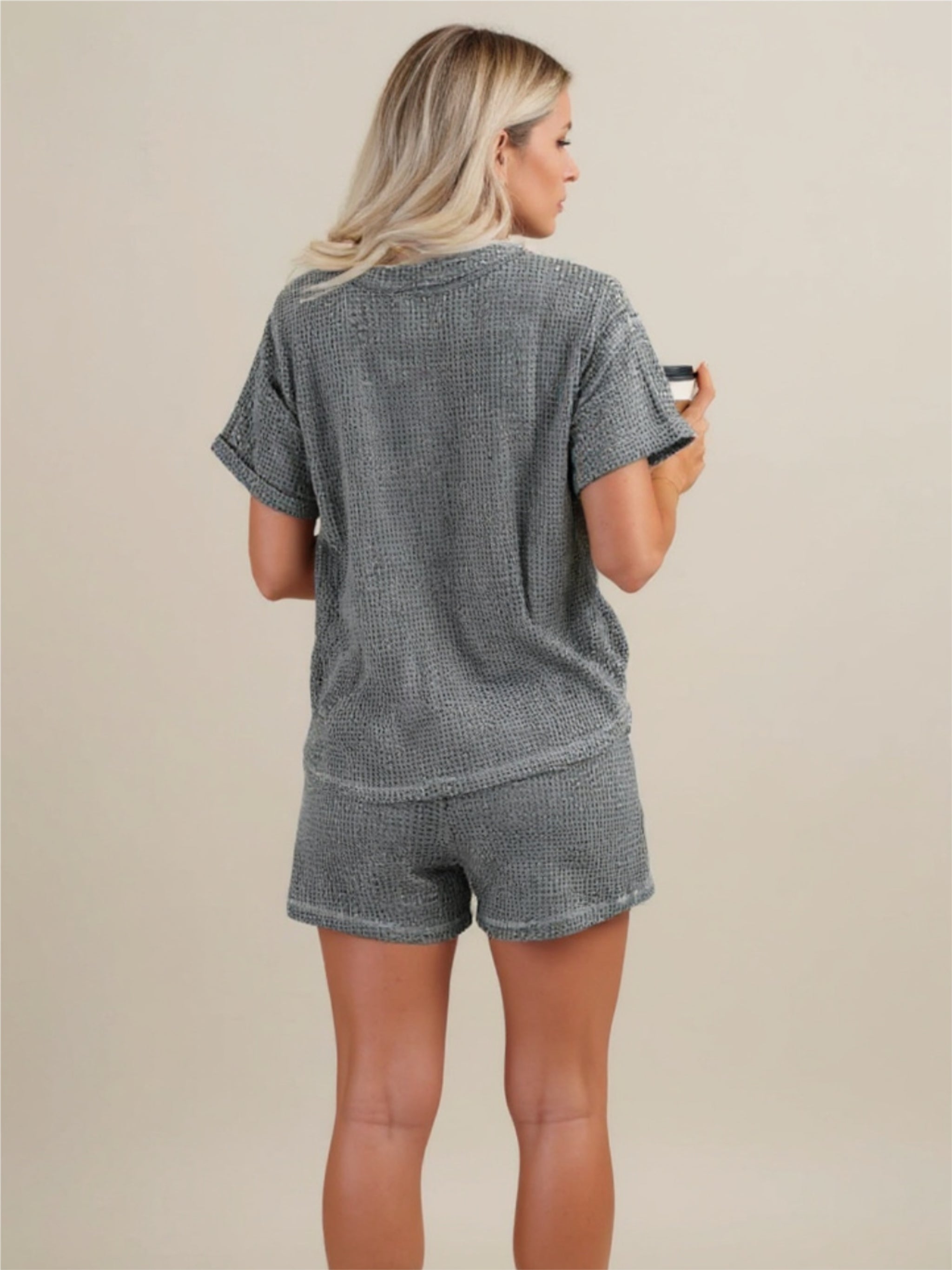 Gray Waffle-Knit Short Sleeve Top & Shorts Lounge Set