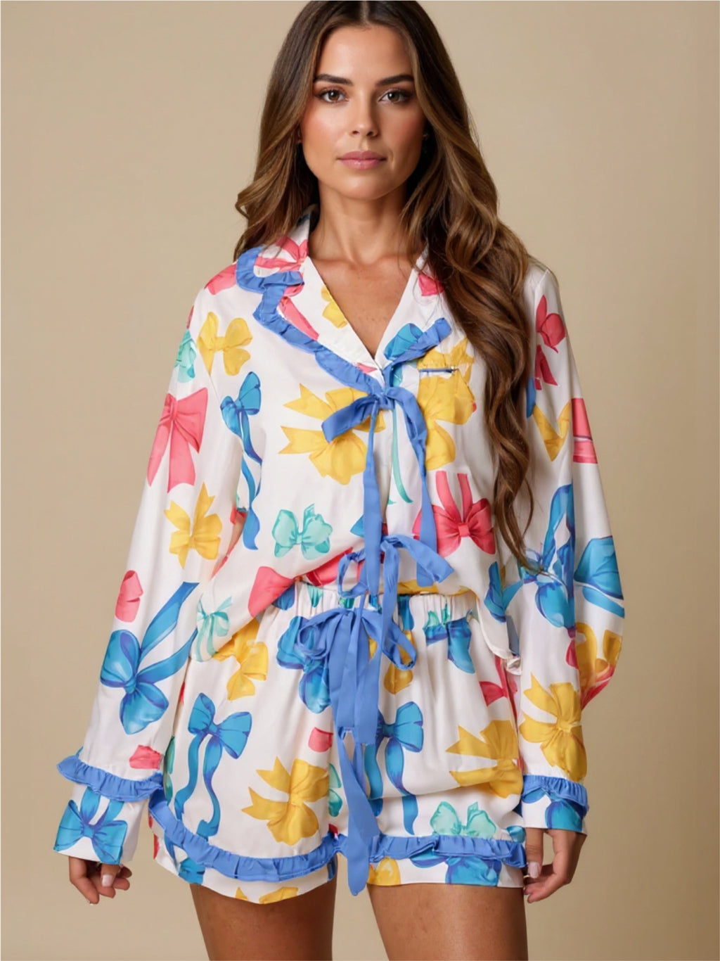 Bow Print Collared Neck Top & Shorts Pajama Set