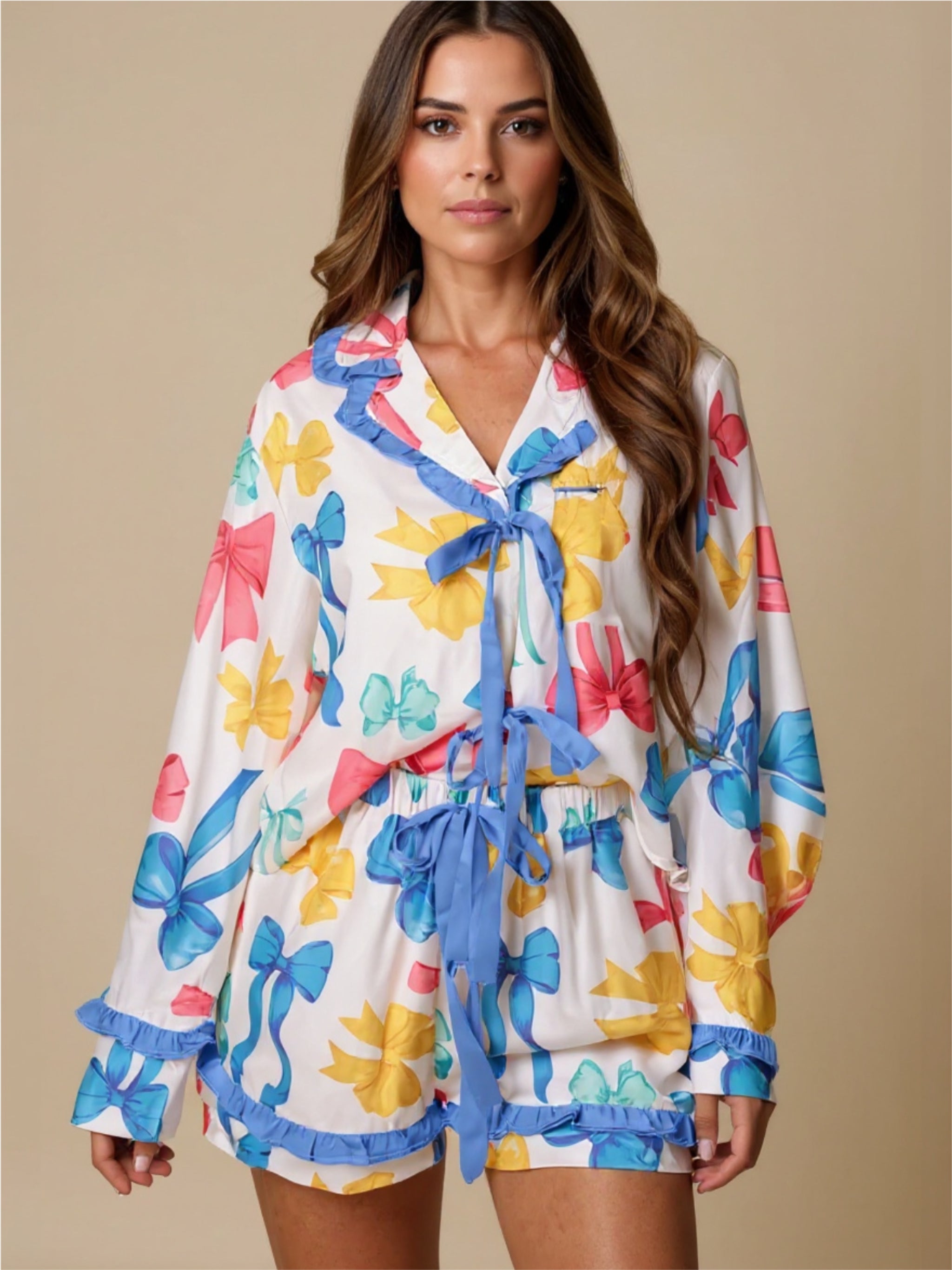 Bow Print Collared Neck Top & Shorts Pajama Set