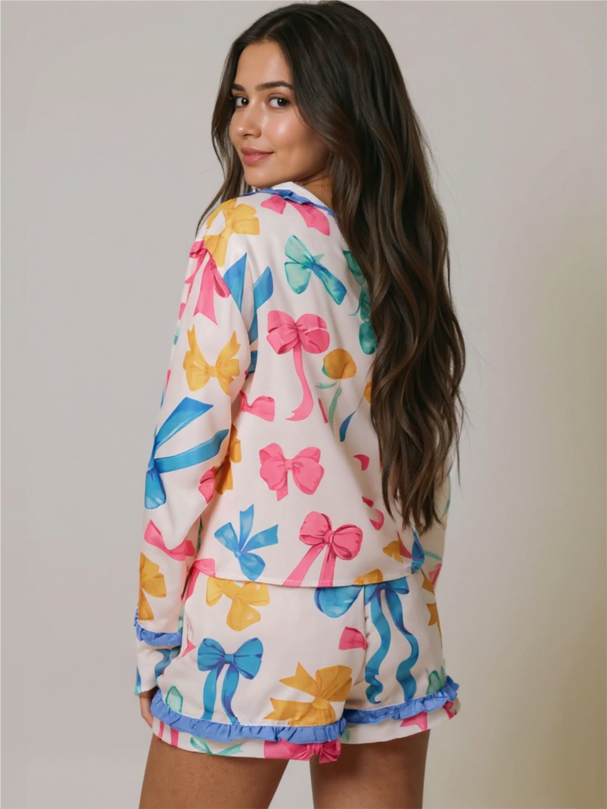 Bow Print Collared Neck Top & Shorts Pajama Set