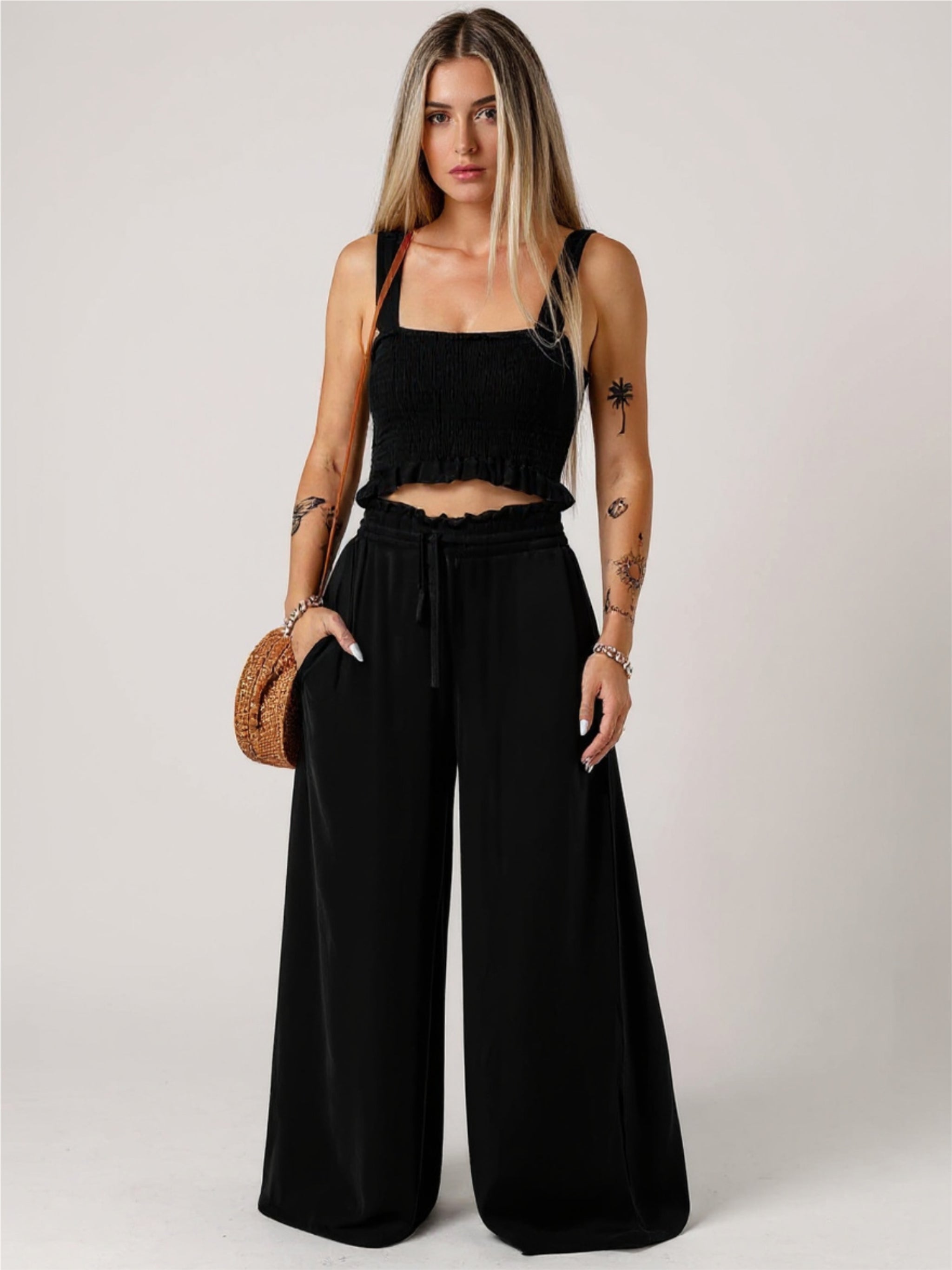 Black Square Neck Cropped Tank Top & Long Pants Set