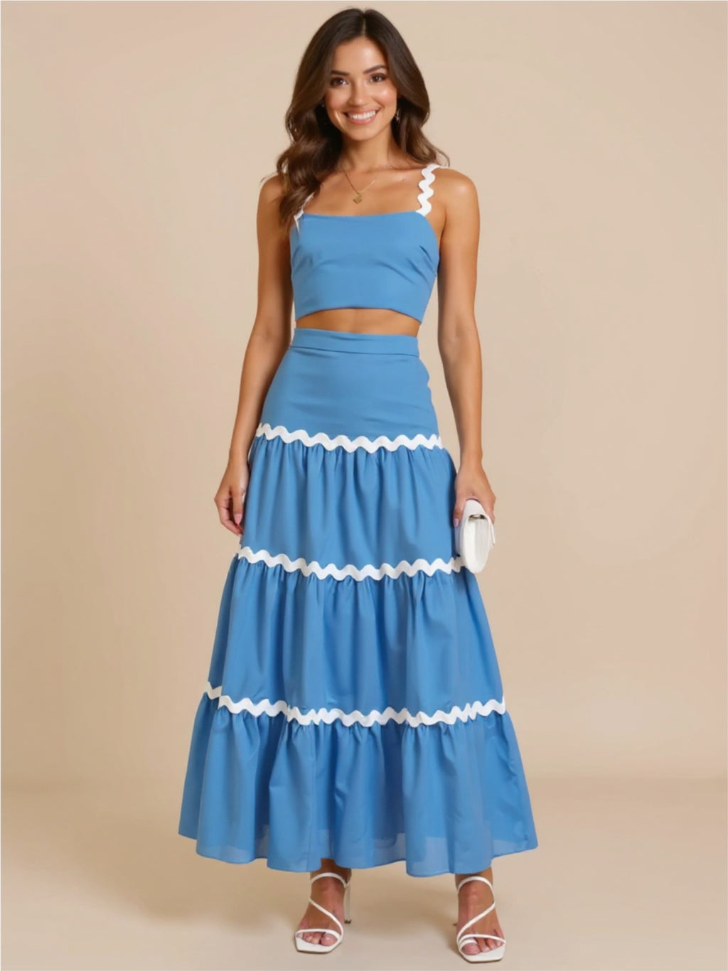 Blue Contrast Trim Cami & Maxi Skirt Set