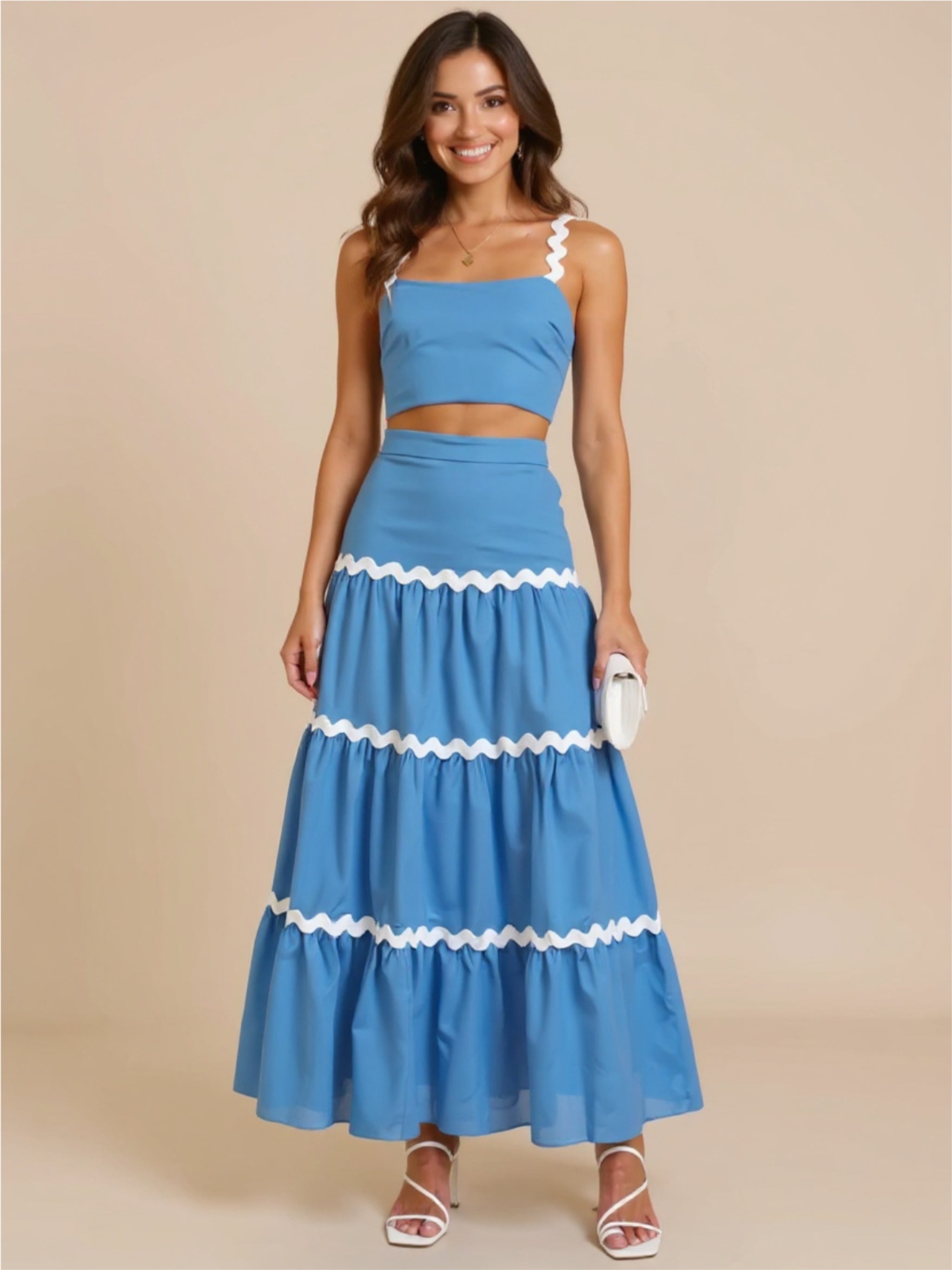 Blue Contrast Trim Cami & Maxi Skirt Set