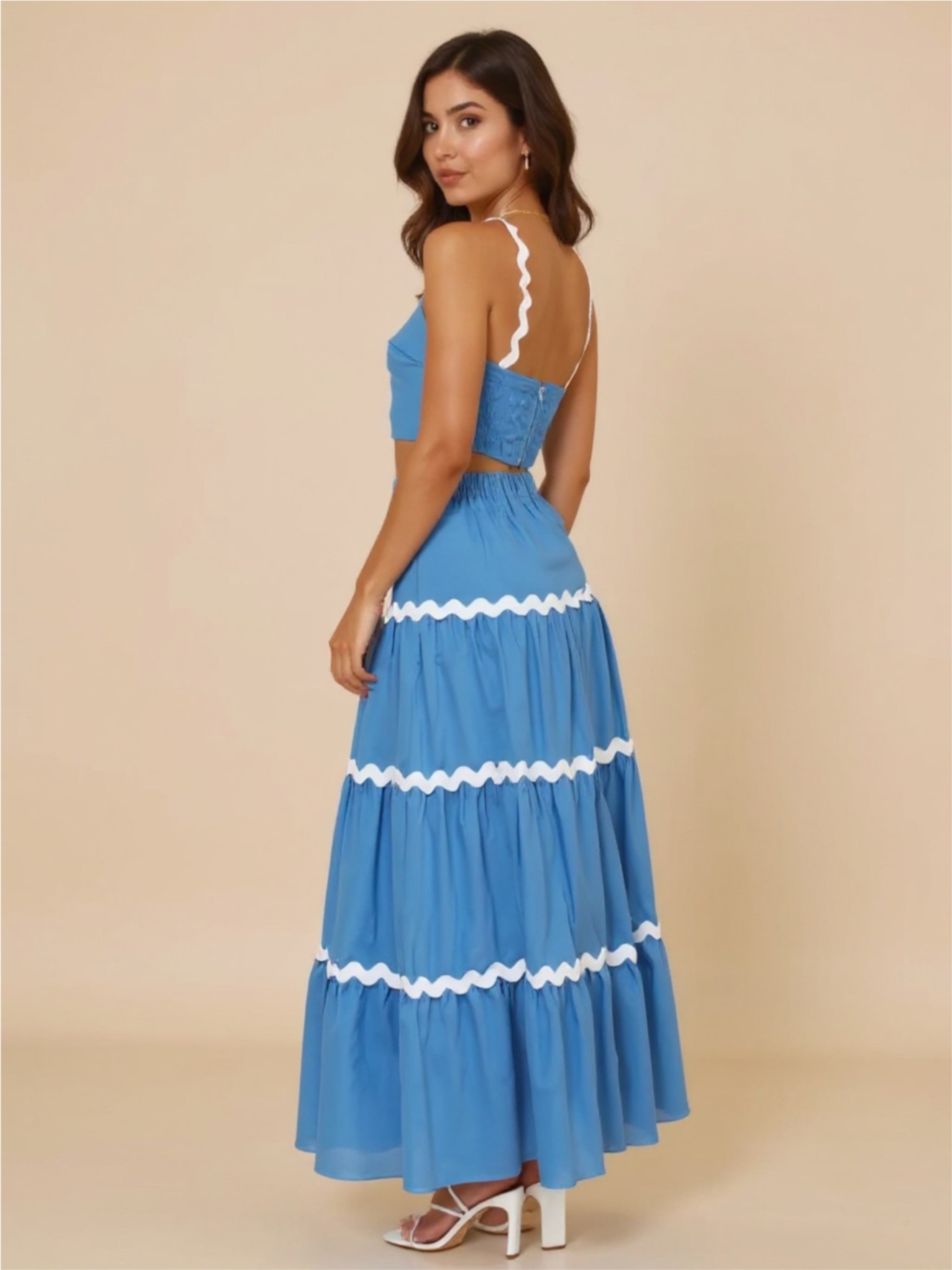 Blue Contrast Trim Cami & Maxi Skirt Set