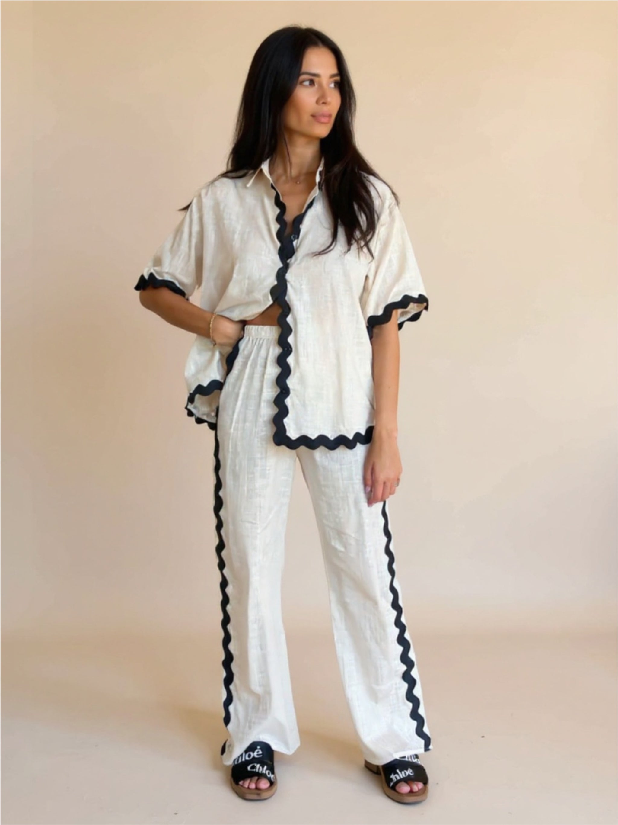 Beige Contrast Trim Half Sleeve Top & Pants Set