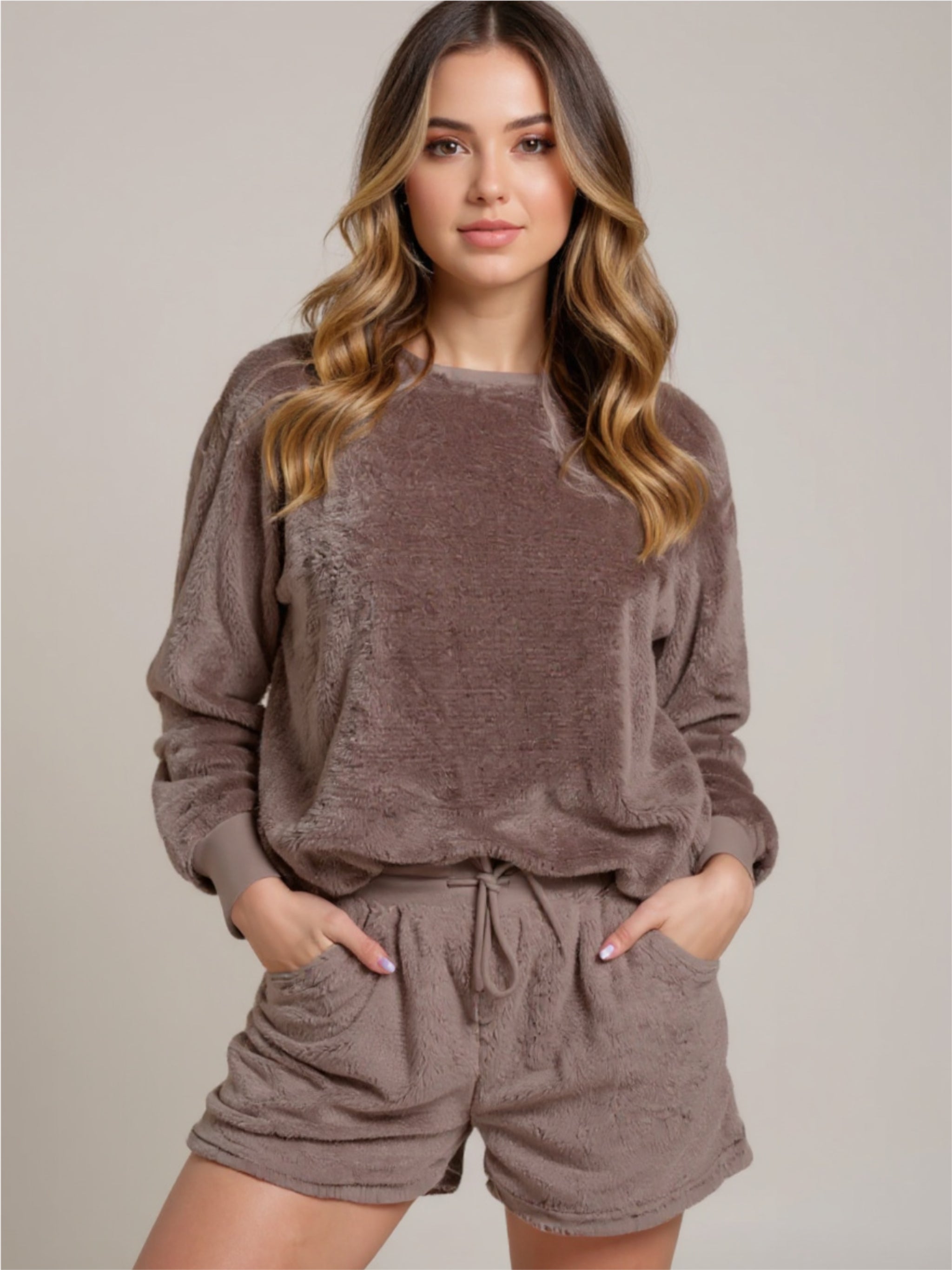 Brown Round Neck Long Sleeve Top & Shorts Lounge Set