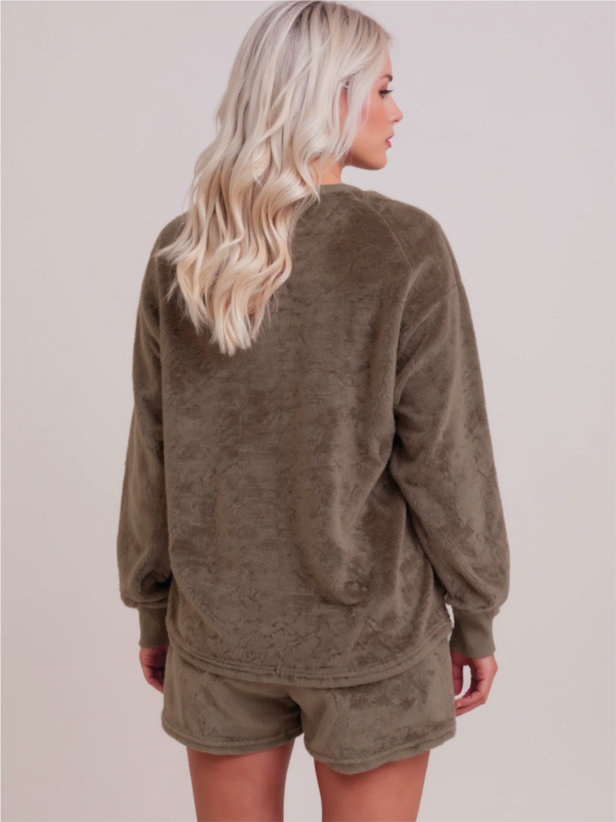 Brown Round Neck Long Sleeve Top & Shorts Lounge Set