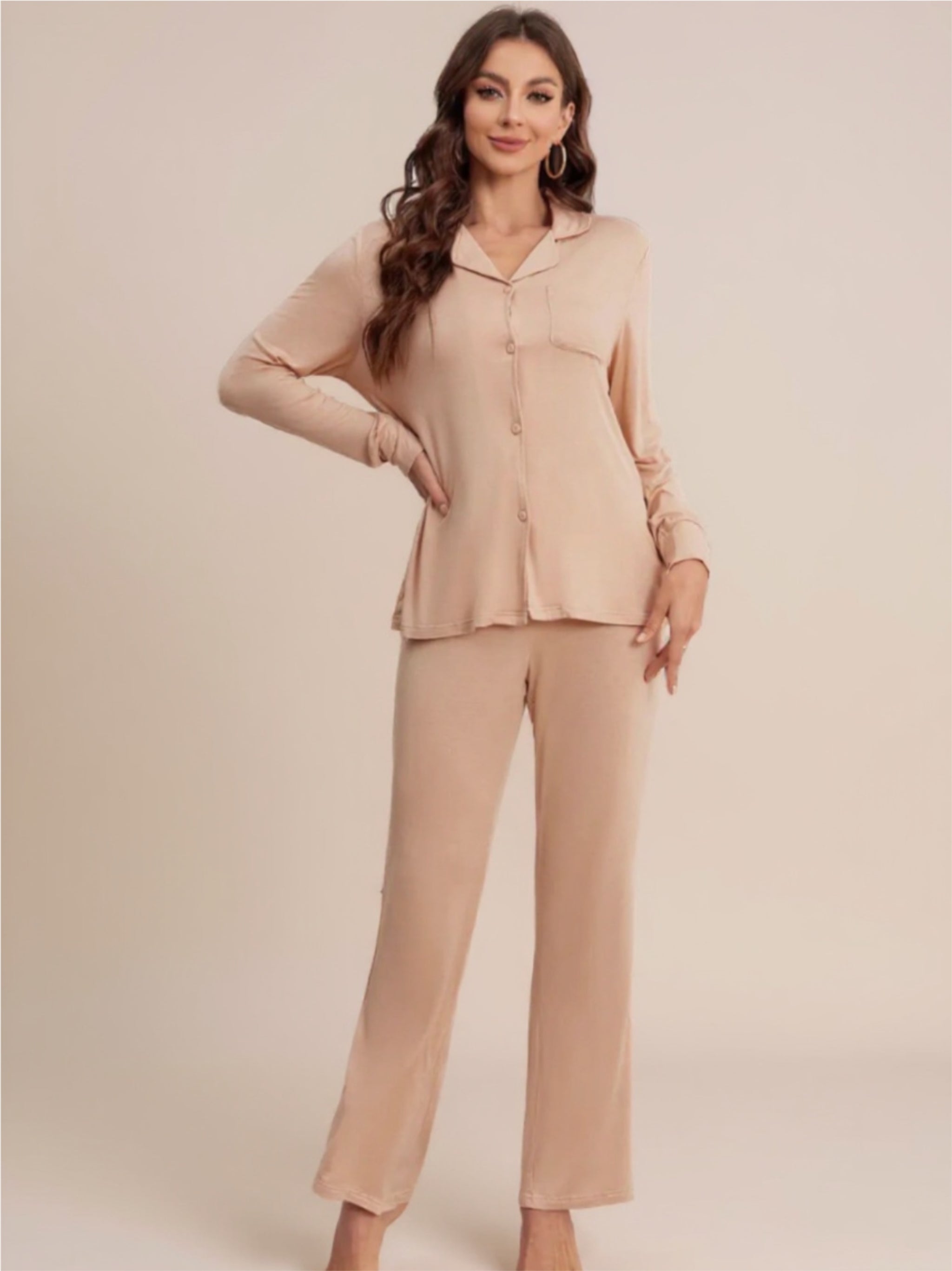 Button Up Long Sleeve Top & Pants Pajama Set
