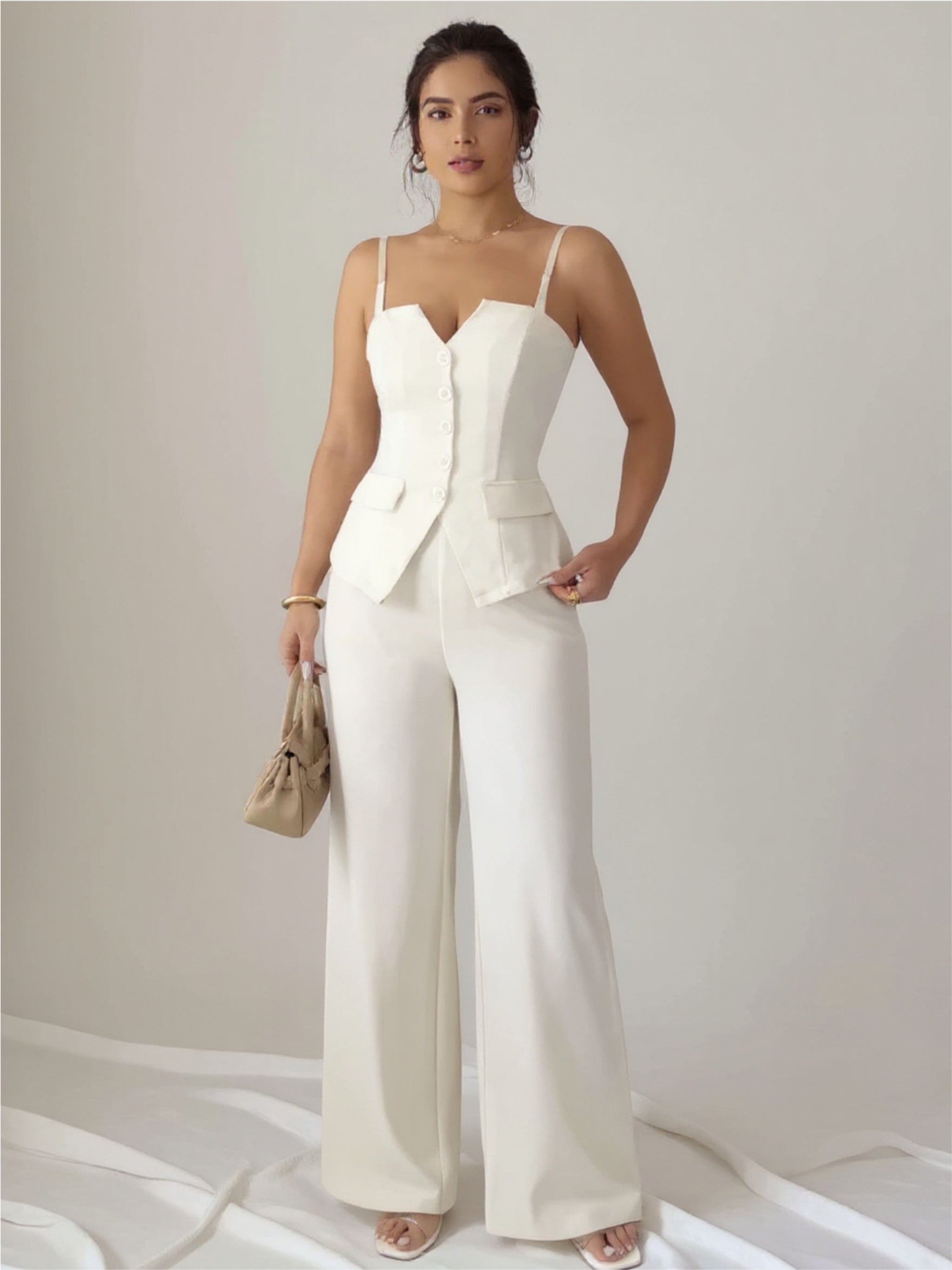 Beige Button Front Cami & Pants Set