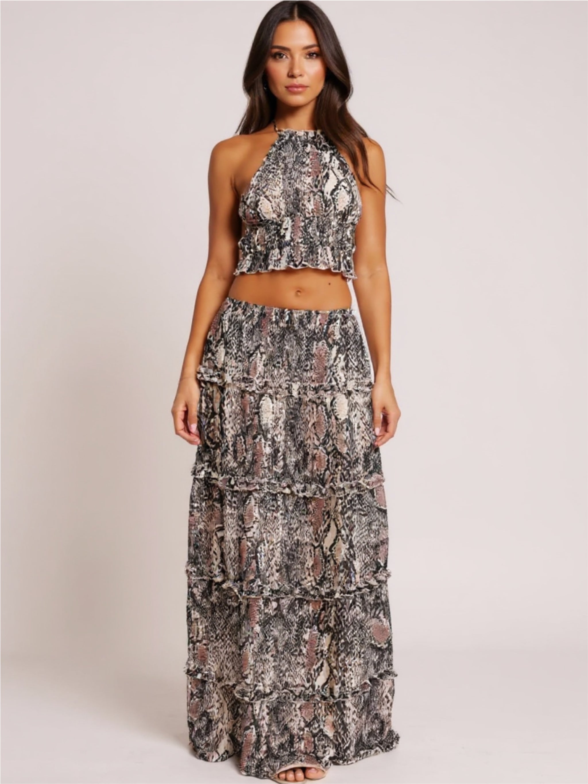 Halter Crop Backless Top & Maxi Skirt Set