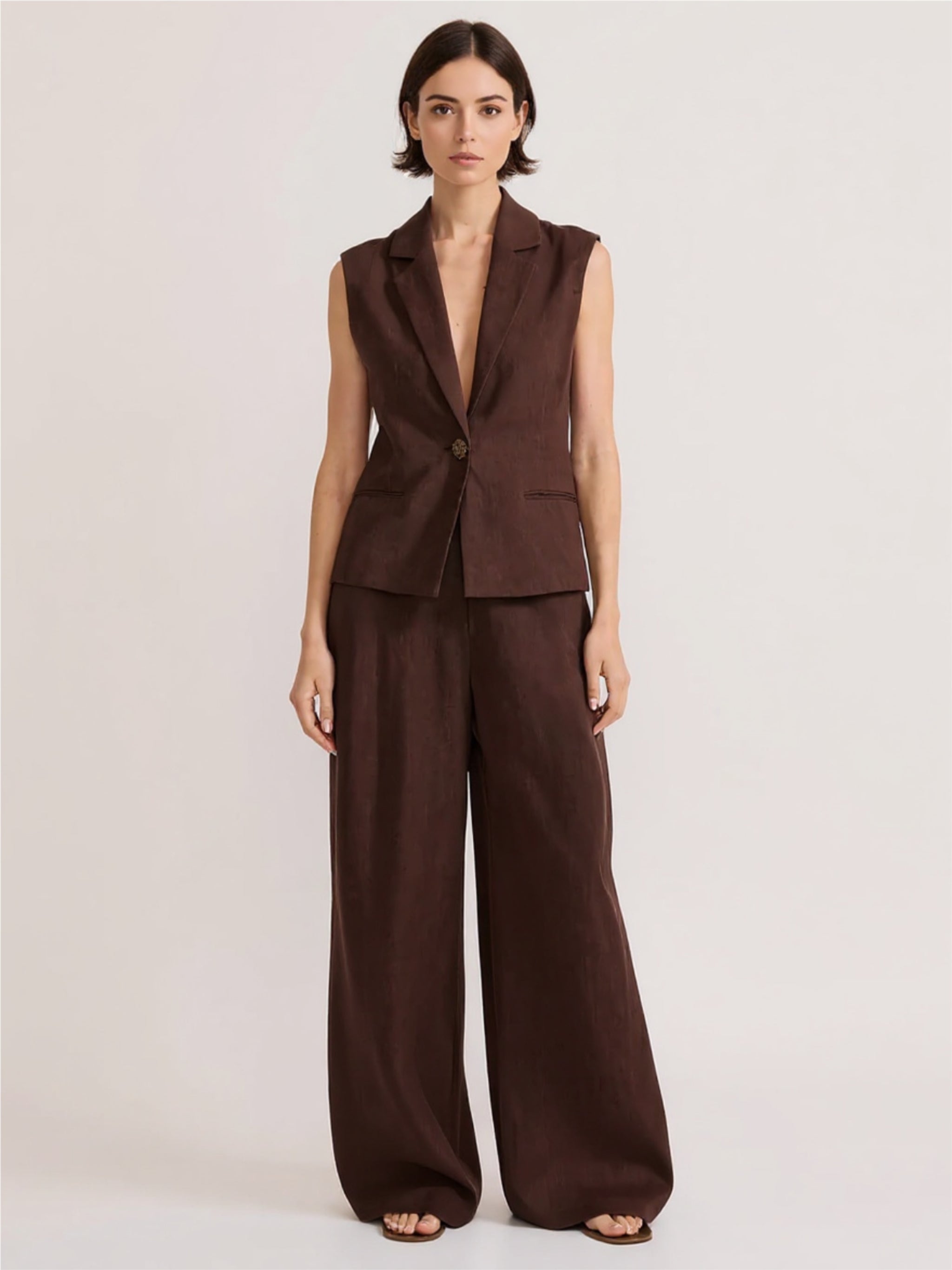 Button Up Vest & Wide Leg Pants Set
