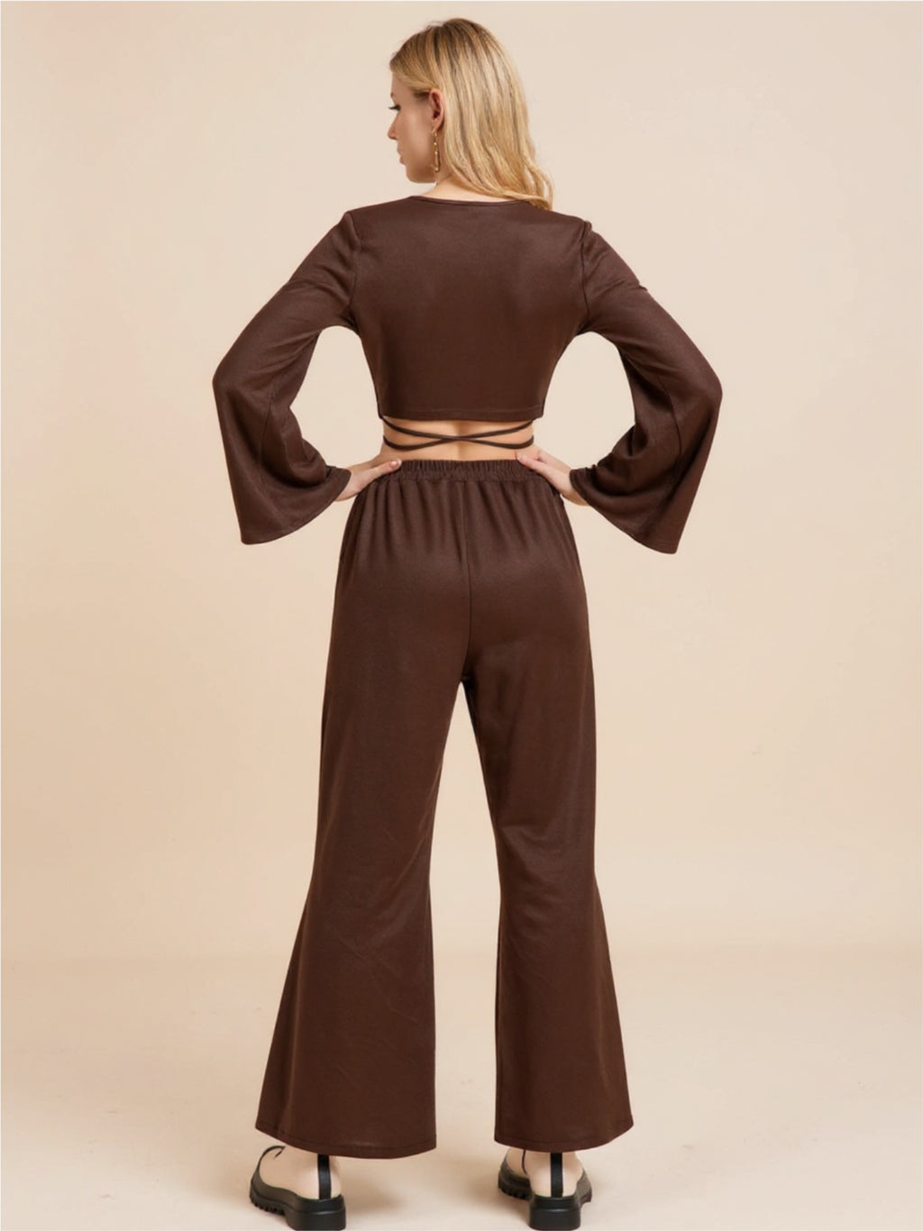 Mocha Tied Flare Sleeve Top & Pants Set