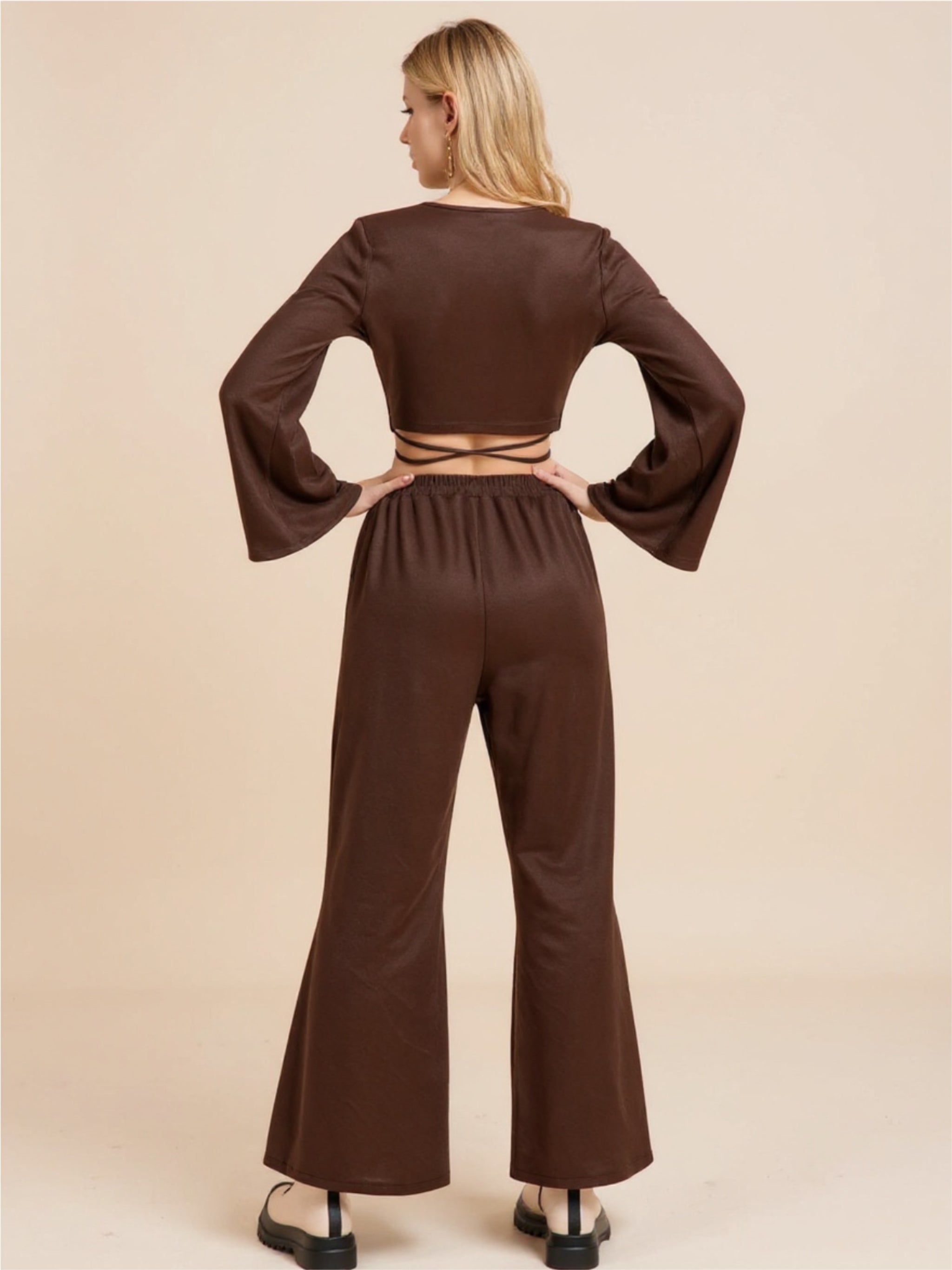 Mocha Tied Flare Sleeve Top & Pants Set