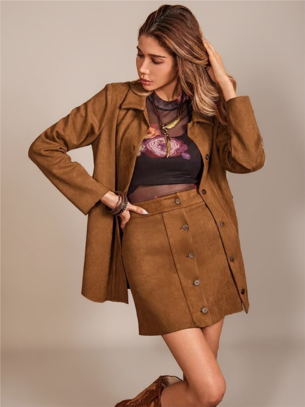 Caramel Button Up Collared Neck Jacket & Skirt Set