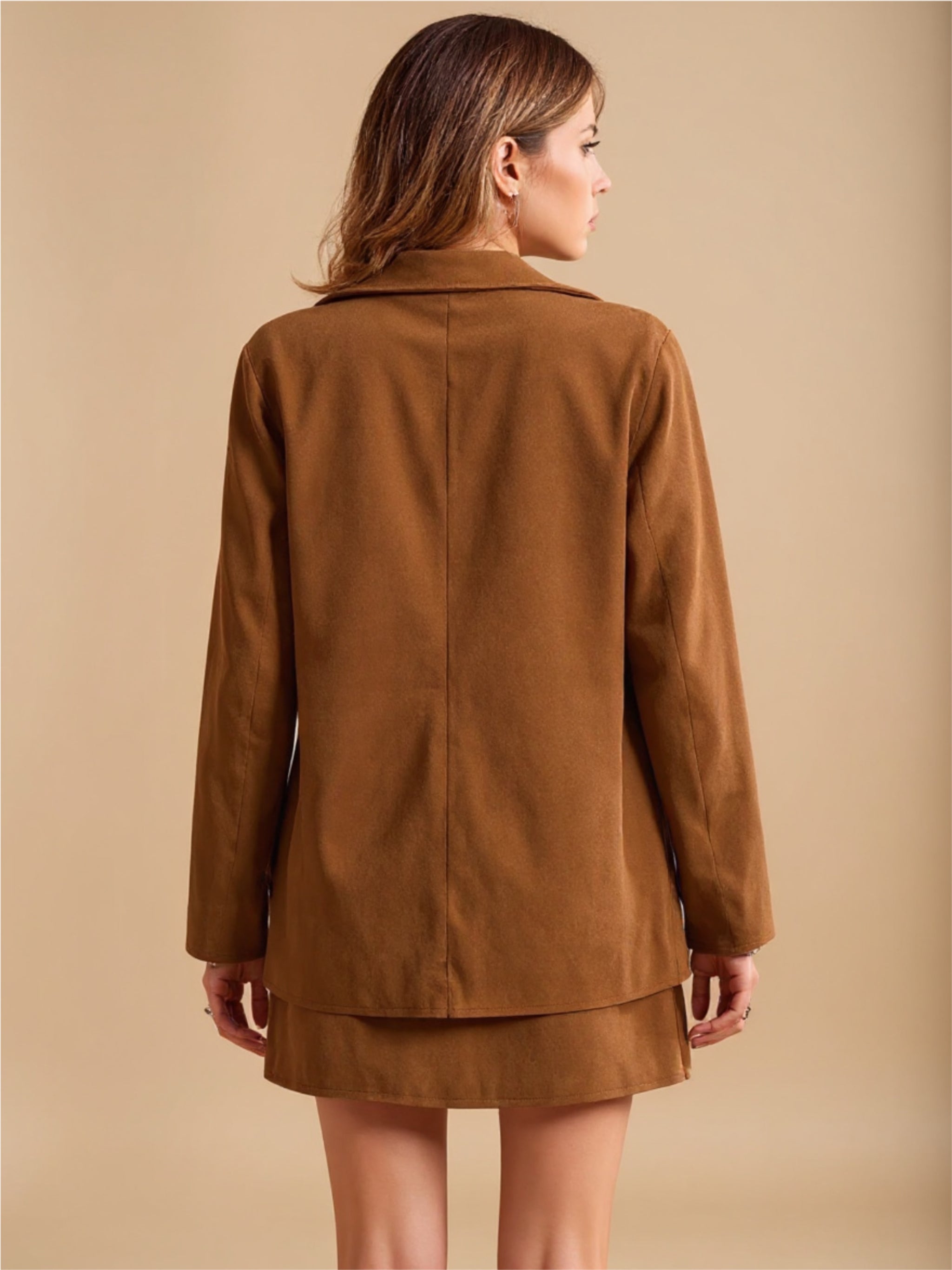 Caramel Button Up Collared Neck Jacket & Skirt Set