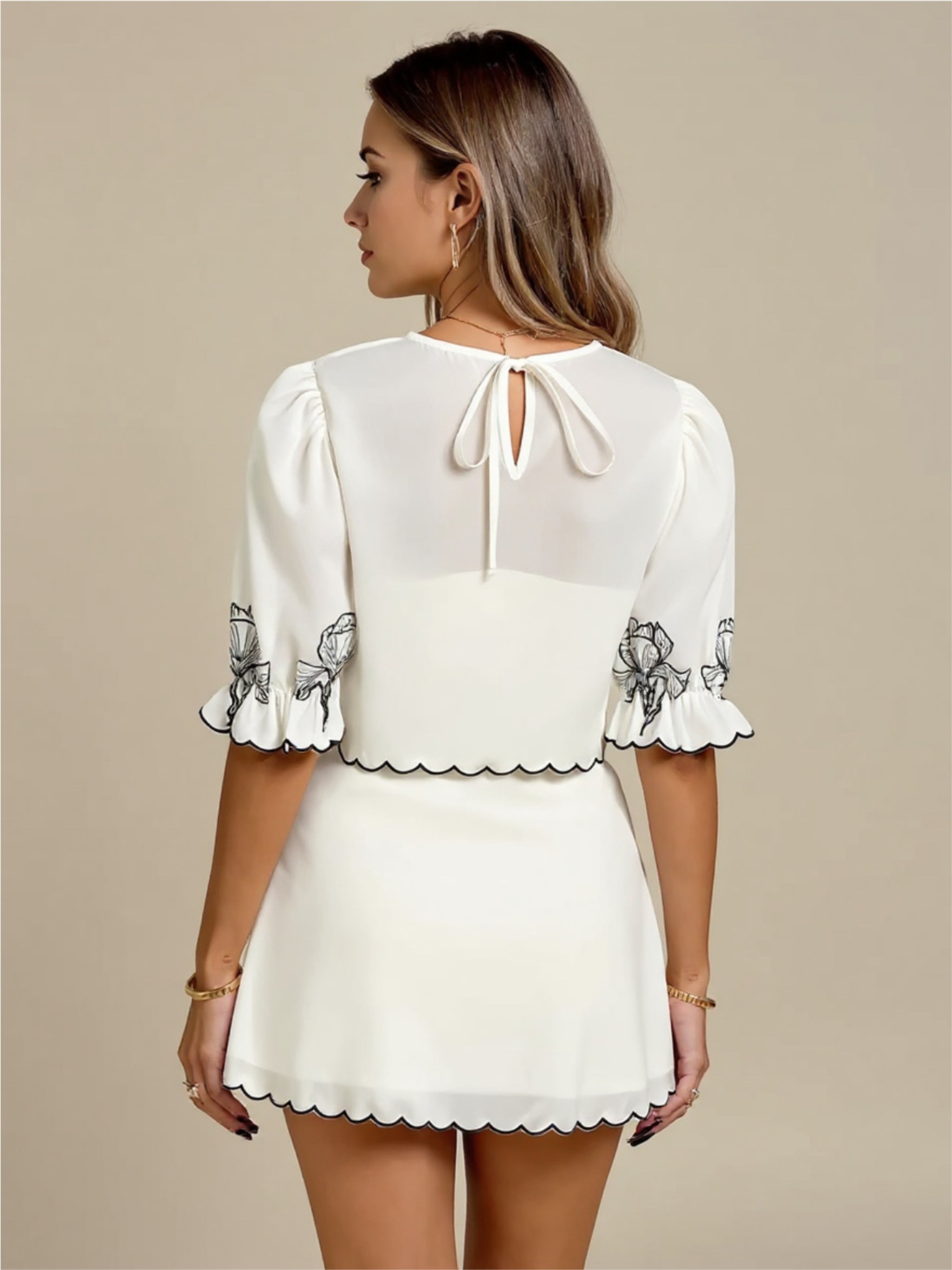 White Round Neck Half Sleeve Top & Skirt Set