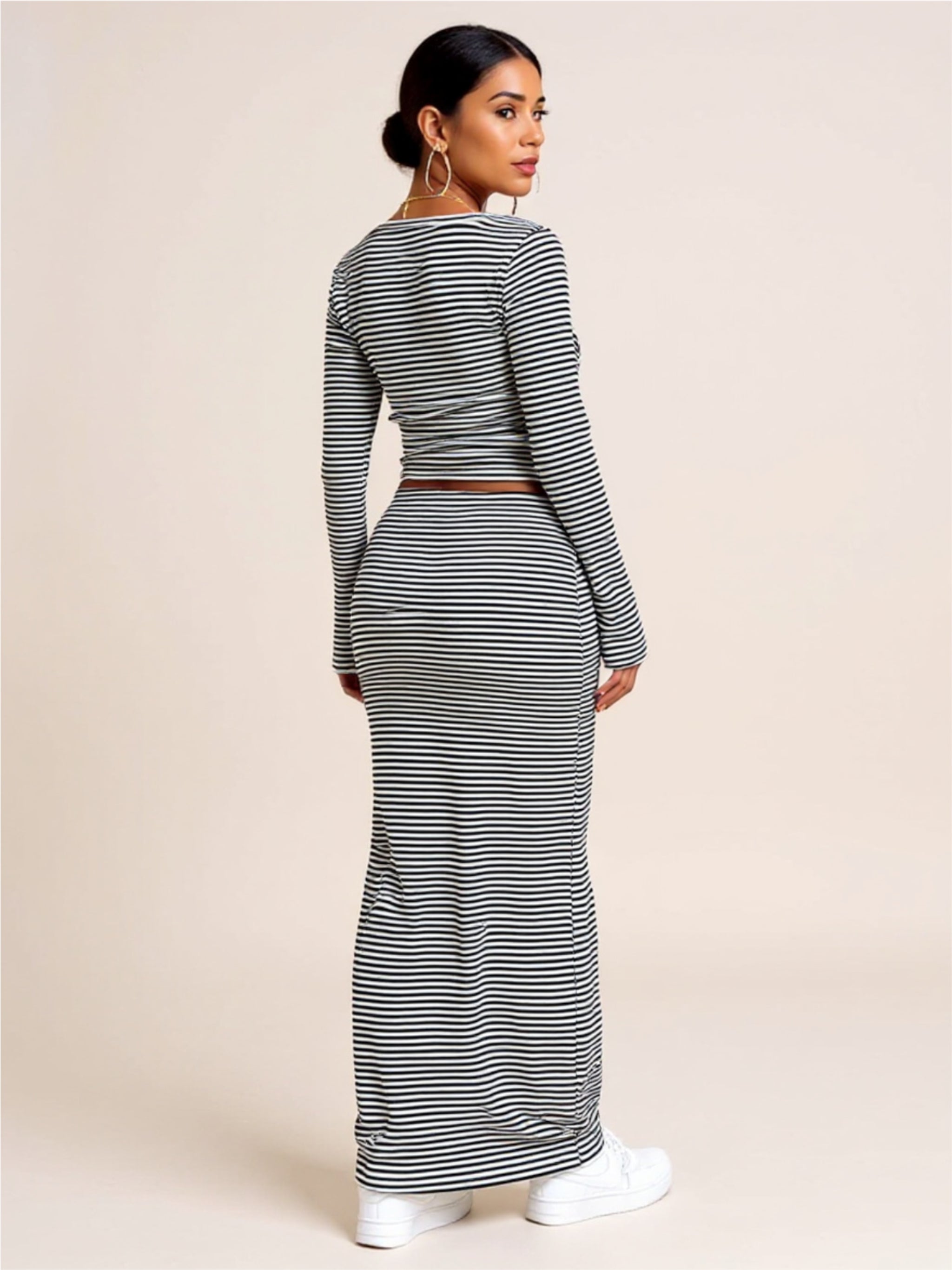 Striped Boat Neck Top & Skirt Set