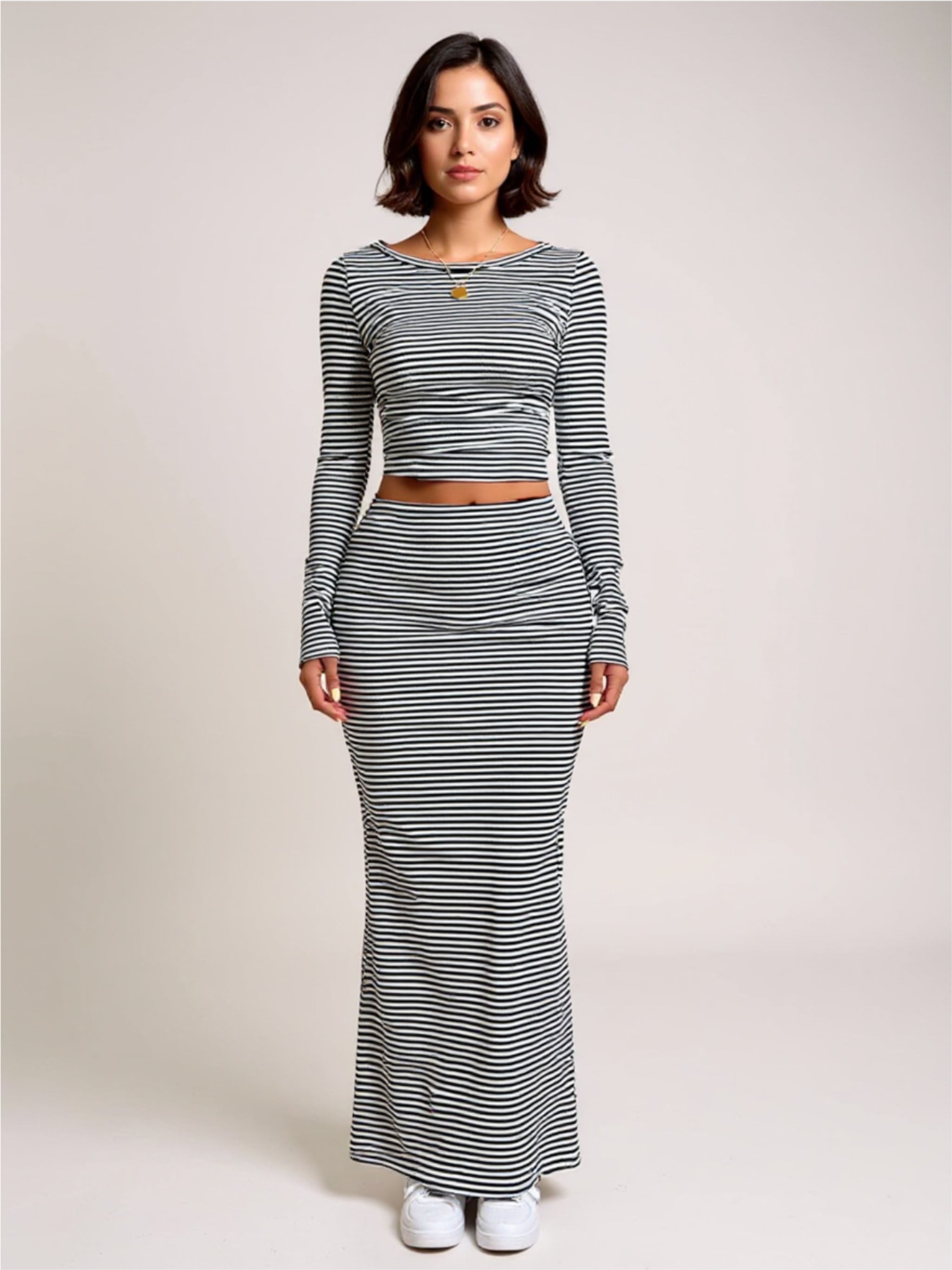 Striped Boat Neck Top & Skirt Set