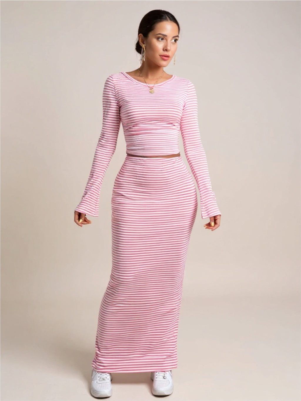 Striped Boat Neck Top & Skirt Set