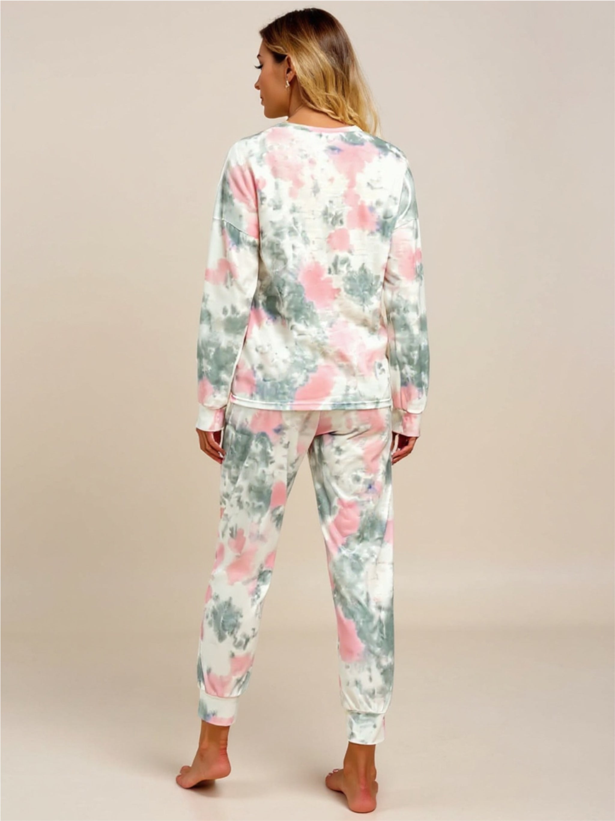 Gray Tie-Dye Round Neck Top & Drawstring Pants Lounge Set