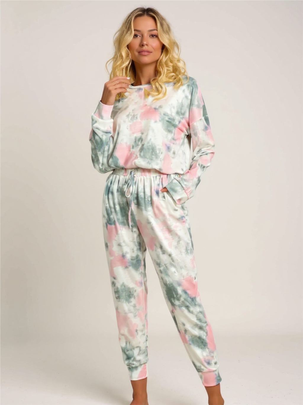 Gray Tie-Dye Round Neck Top & Drawstring Pants Lounge Set
