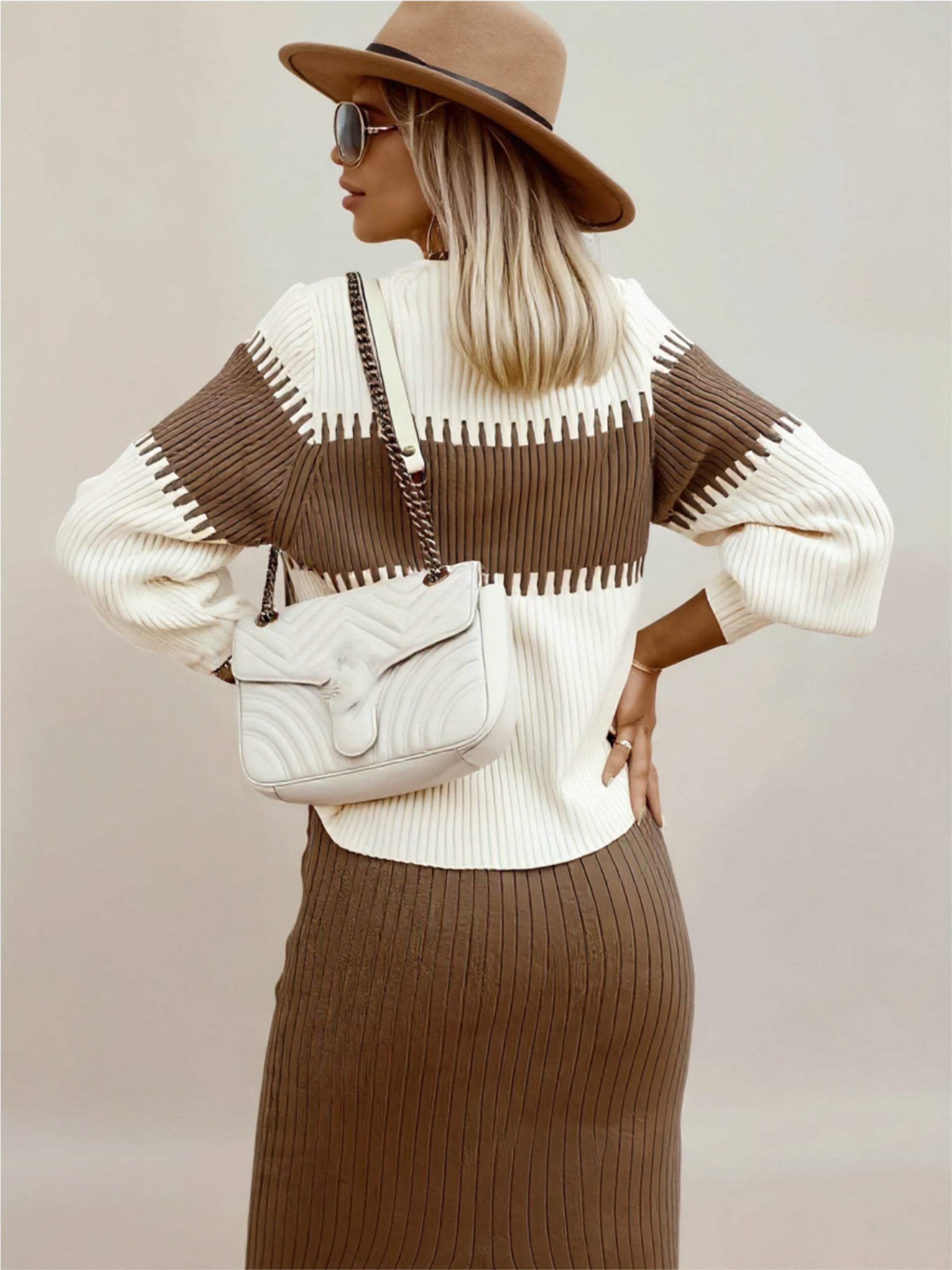 Two-Tone Ribbed Knit Top & Skirt Sweater Set