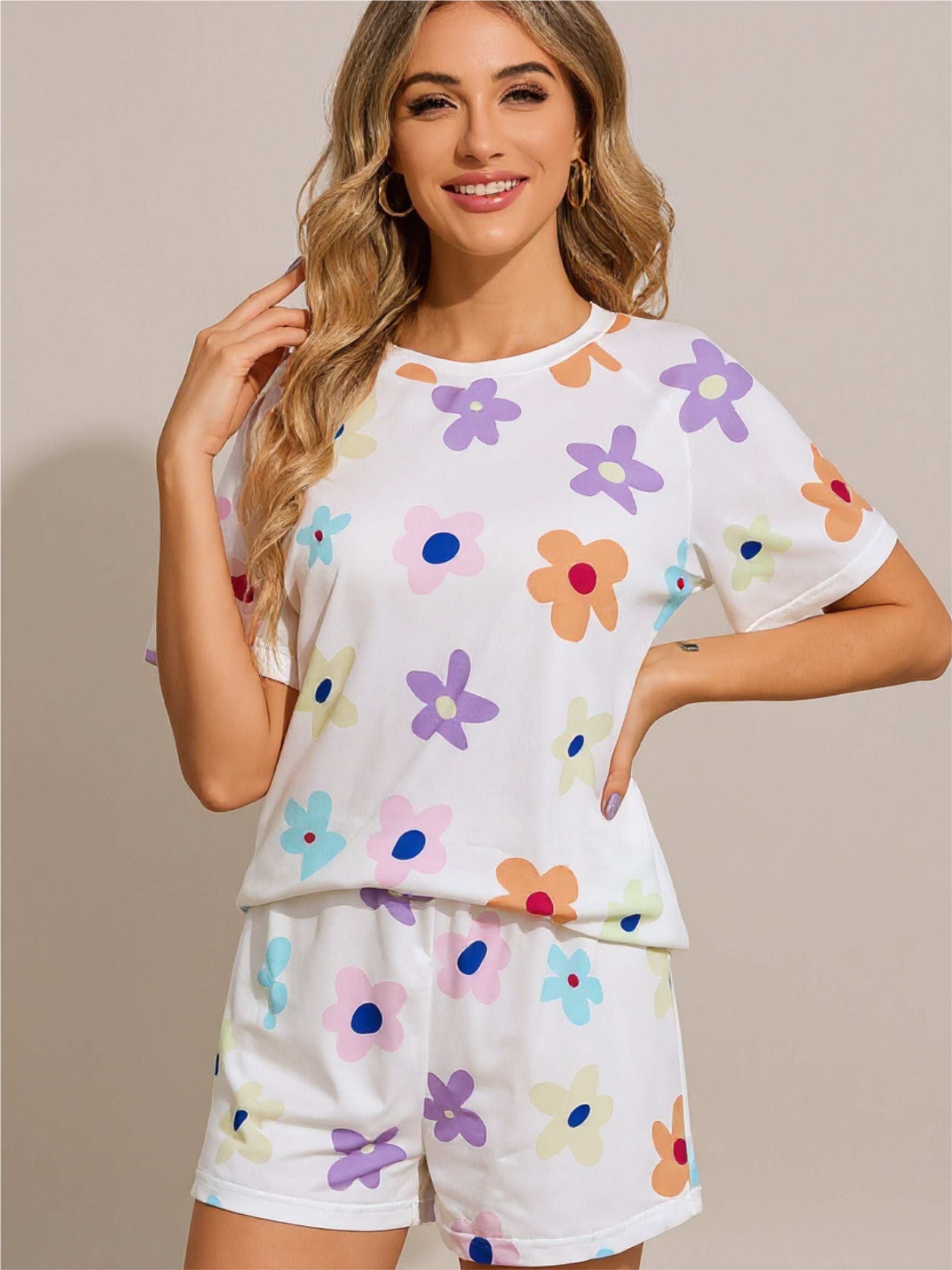 White Floral Round Neck Top & Shorts Pajama Set