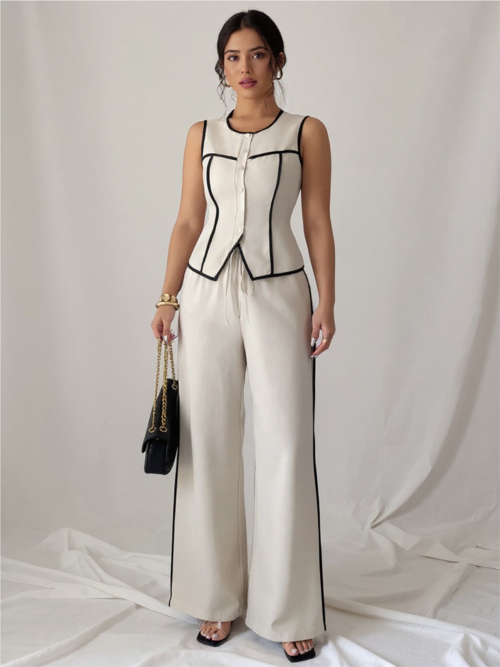 Contrast Piping Round Neck Top & Wide-Leg Pants Set