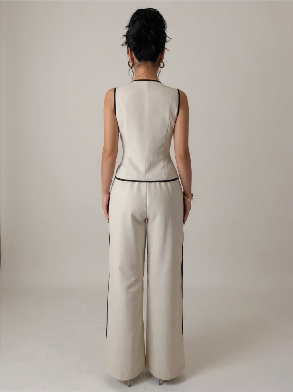 Contrast Piping Round Neck Top & Wide-Leg Pants Set