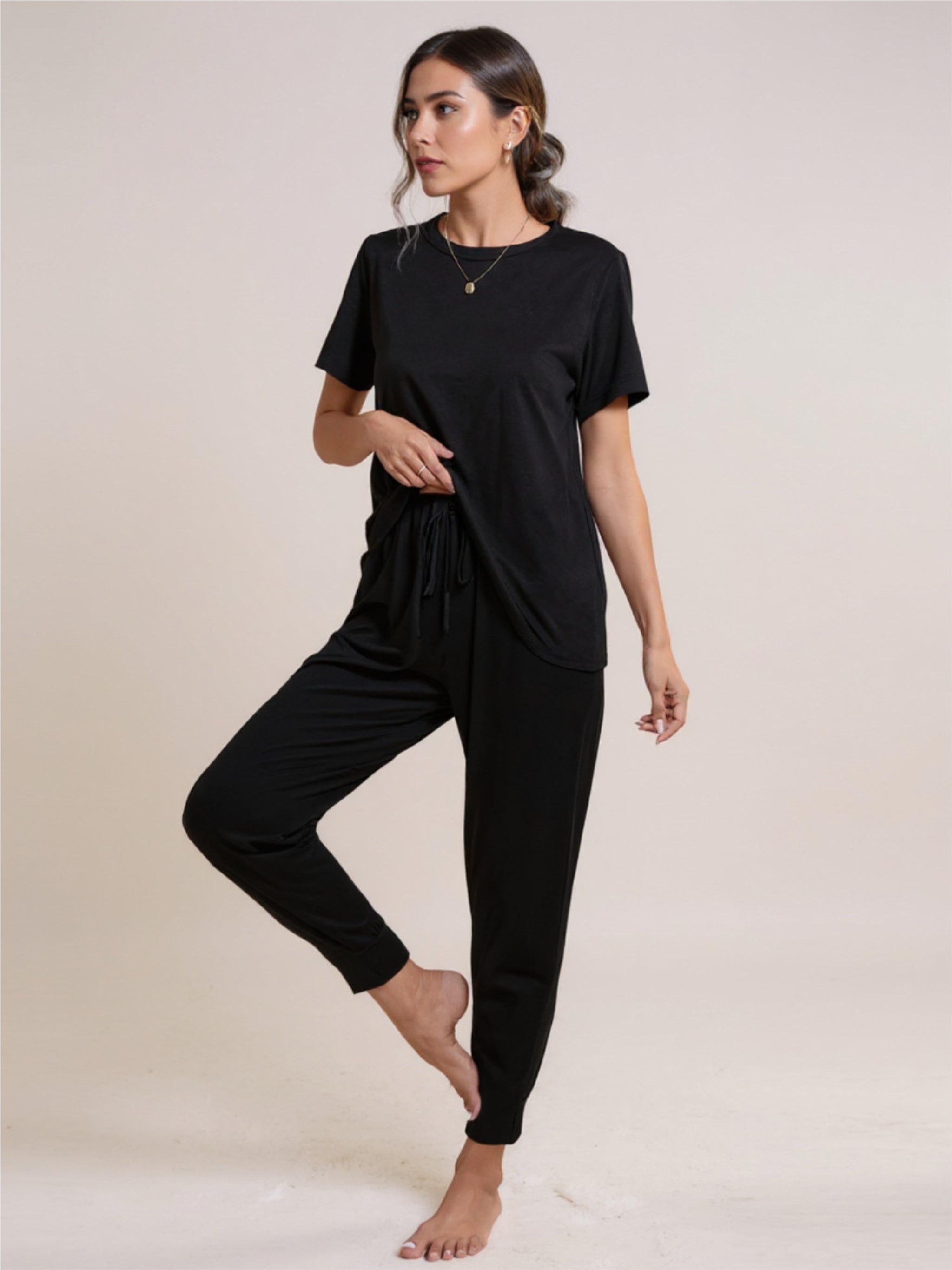 Round Neck Short Sleeve Top & Pants Set