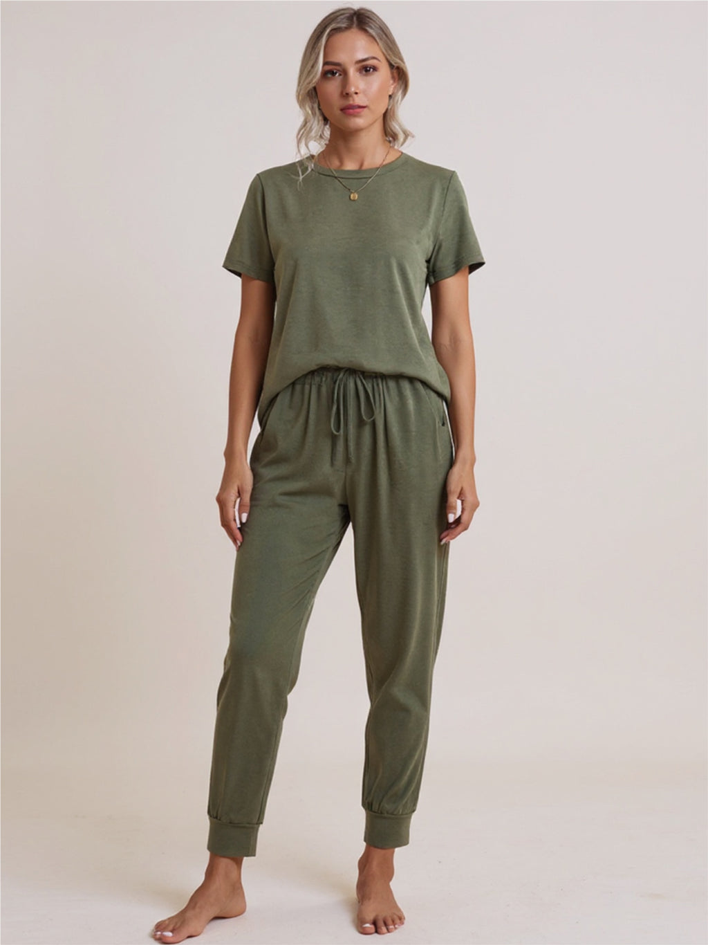 Round Neck Short Sleeve Top & Pants Set