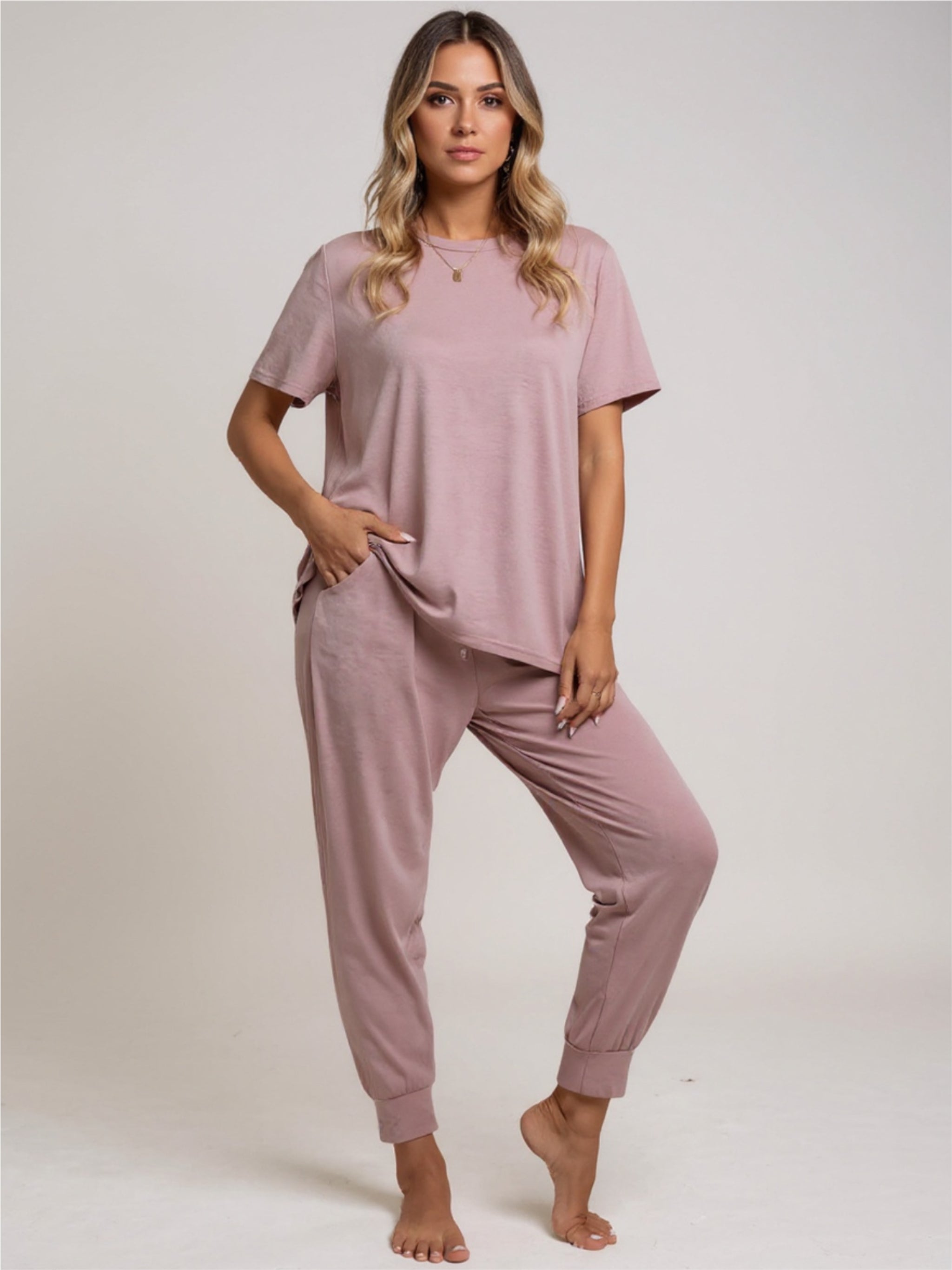 Round Neck Short Sleeve Top & Pants Set