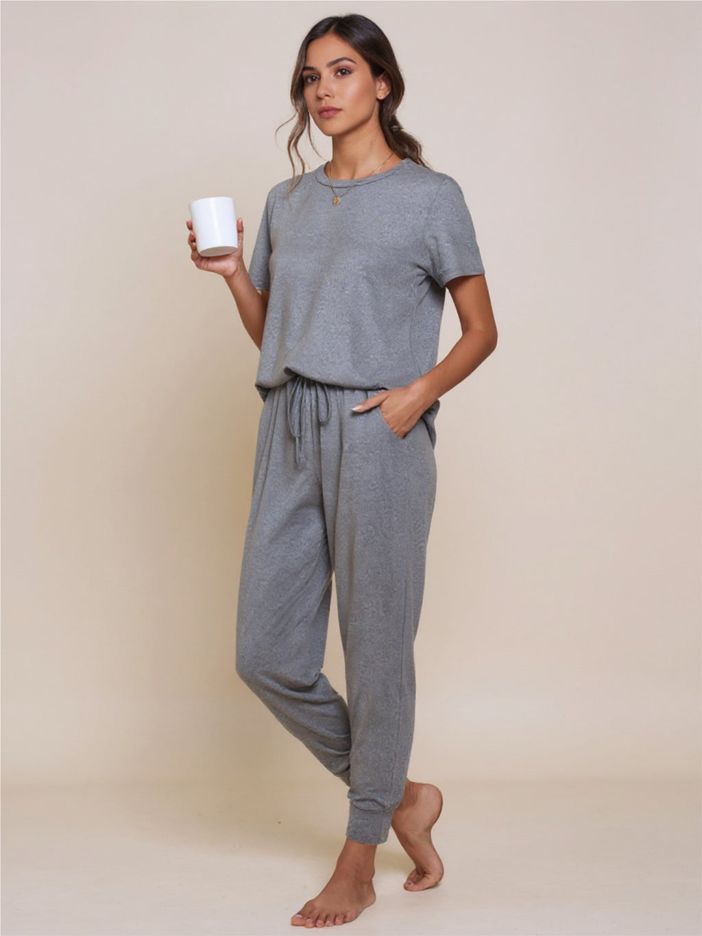 Round Neck Short Sleeve Top & Pants Set