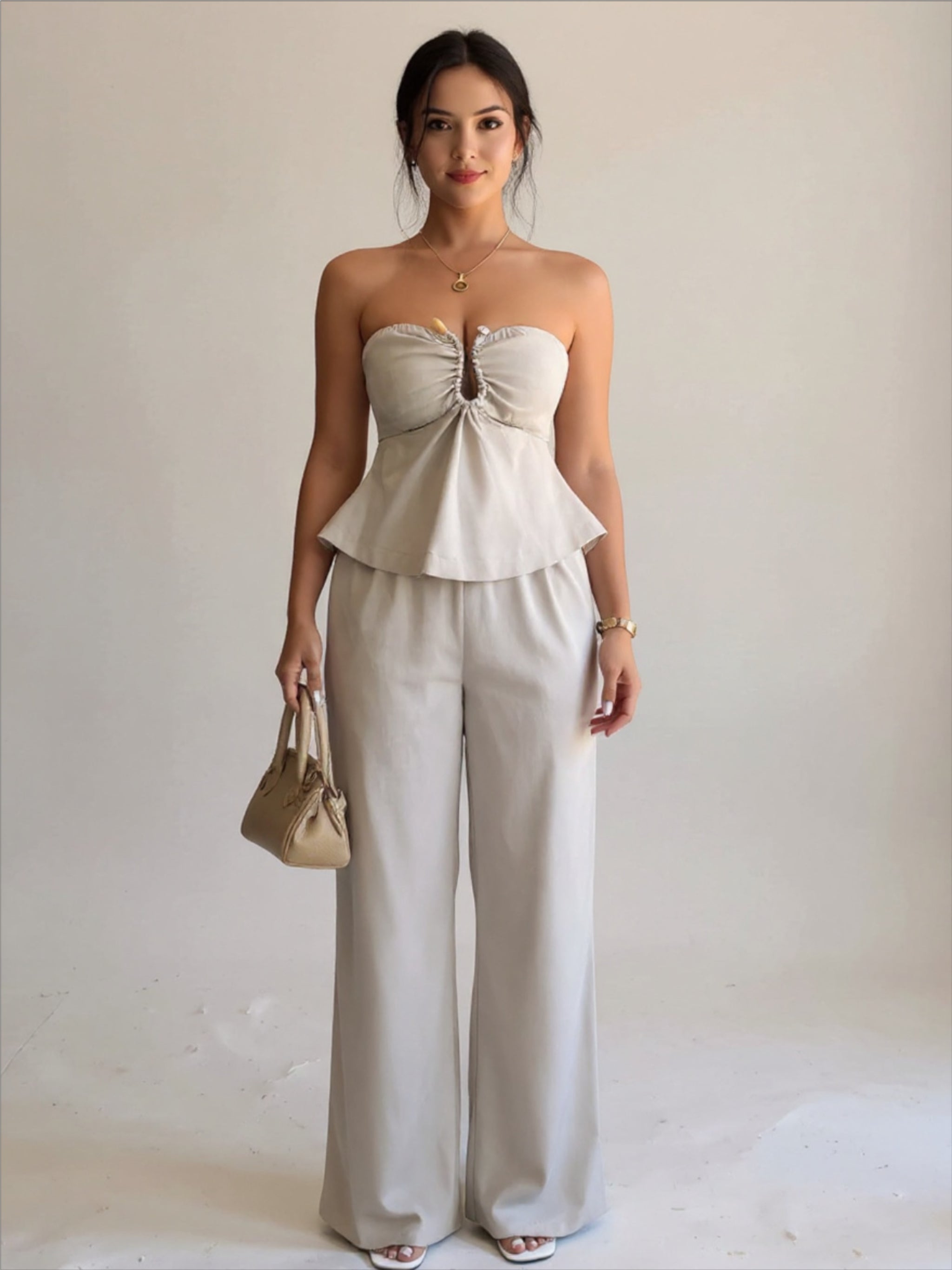 Beige Ruched Tube Top & Pants Set